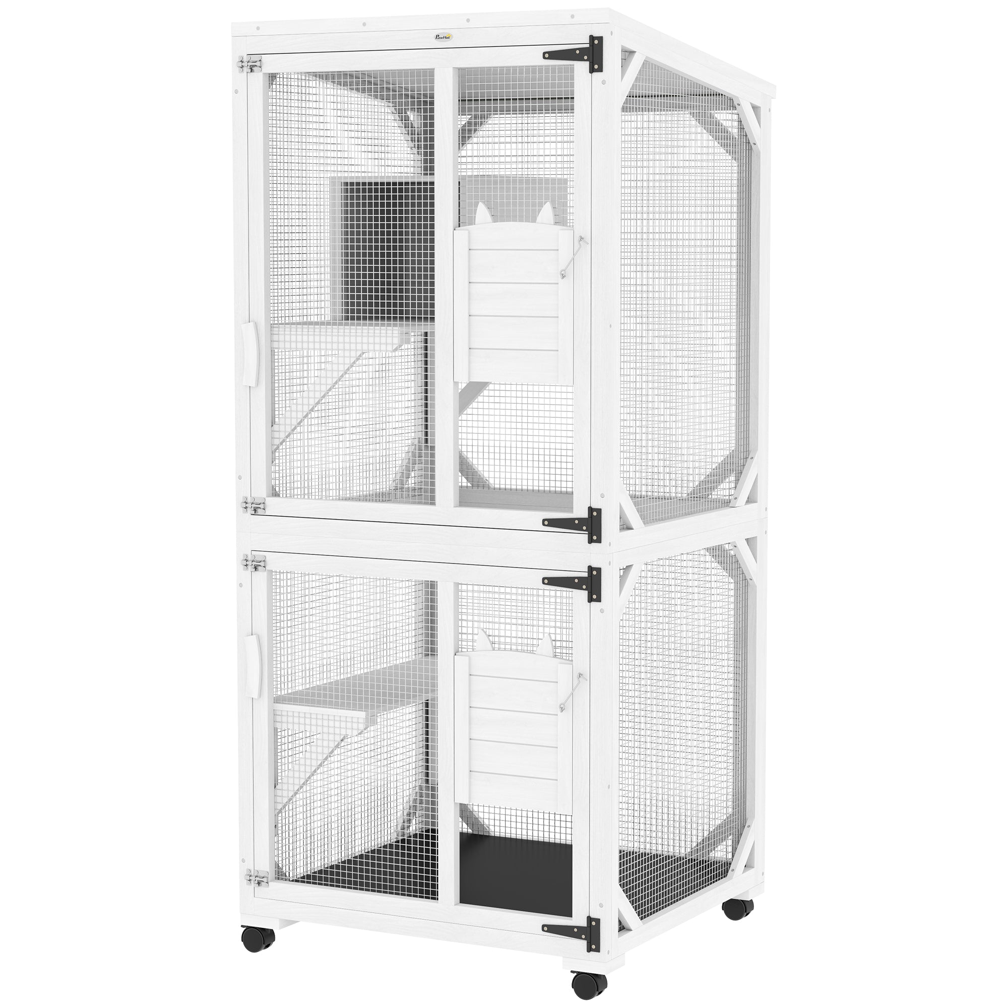 PawHut Outdoor Cat House, Large Catio Wooden Kitten Enclosure Elevated Design, with Wheels, Resting Box, Water-Resistant, Multi Platforms, for 1-3 Cats, White