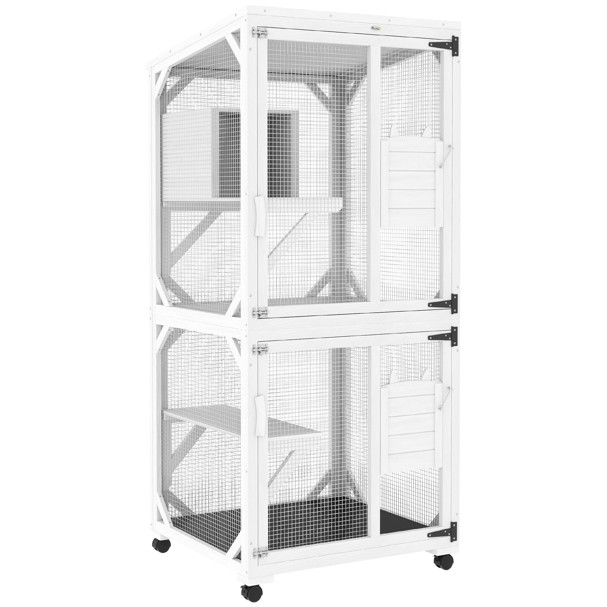PawHut Outdoor Cat House, Large Catio Wooden Kitten Enclosure Elevated Design, with Wheels, Resting Box, Water-Resistant, Multi Platforms, for 1-3 Cats, White