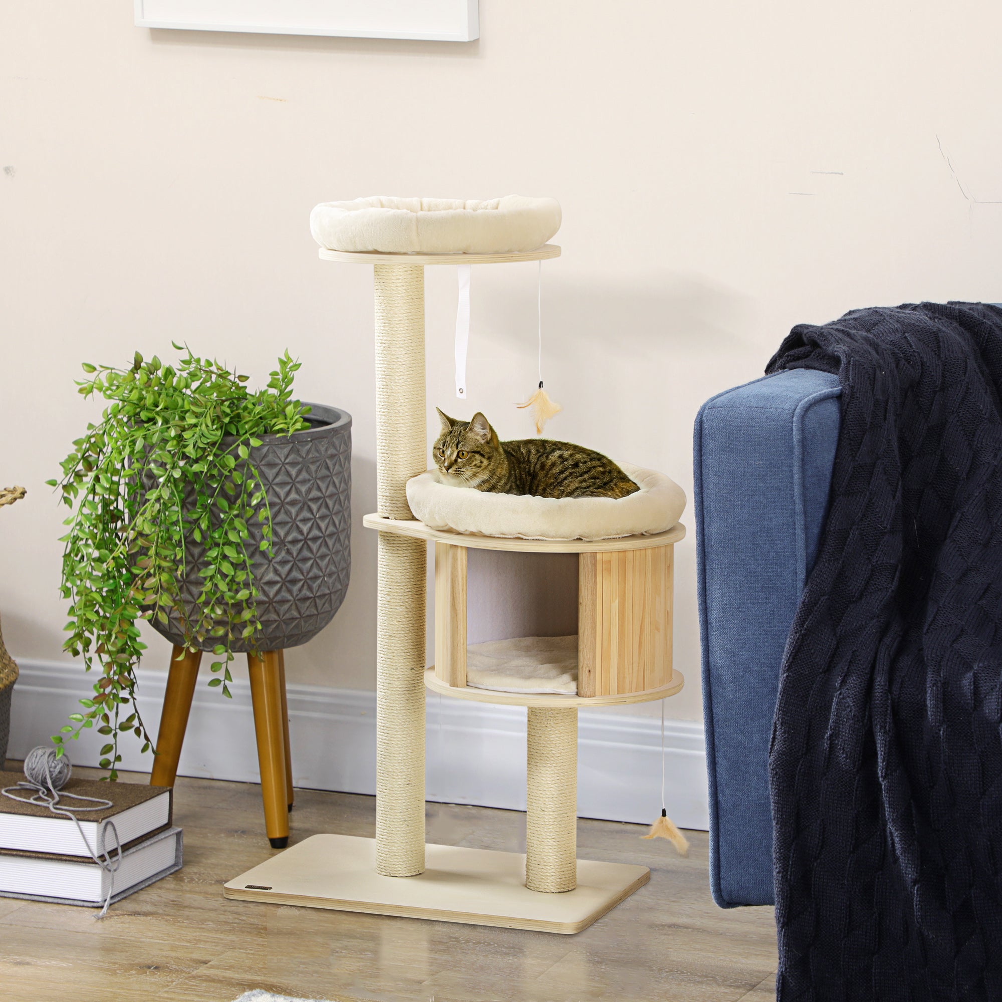 PawHut Cat Tree, 3 Level Cat Tower with Scratching Posts, Bed, Condo, Badminton Toys, for Multiple Kittens