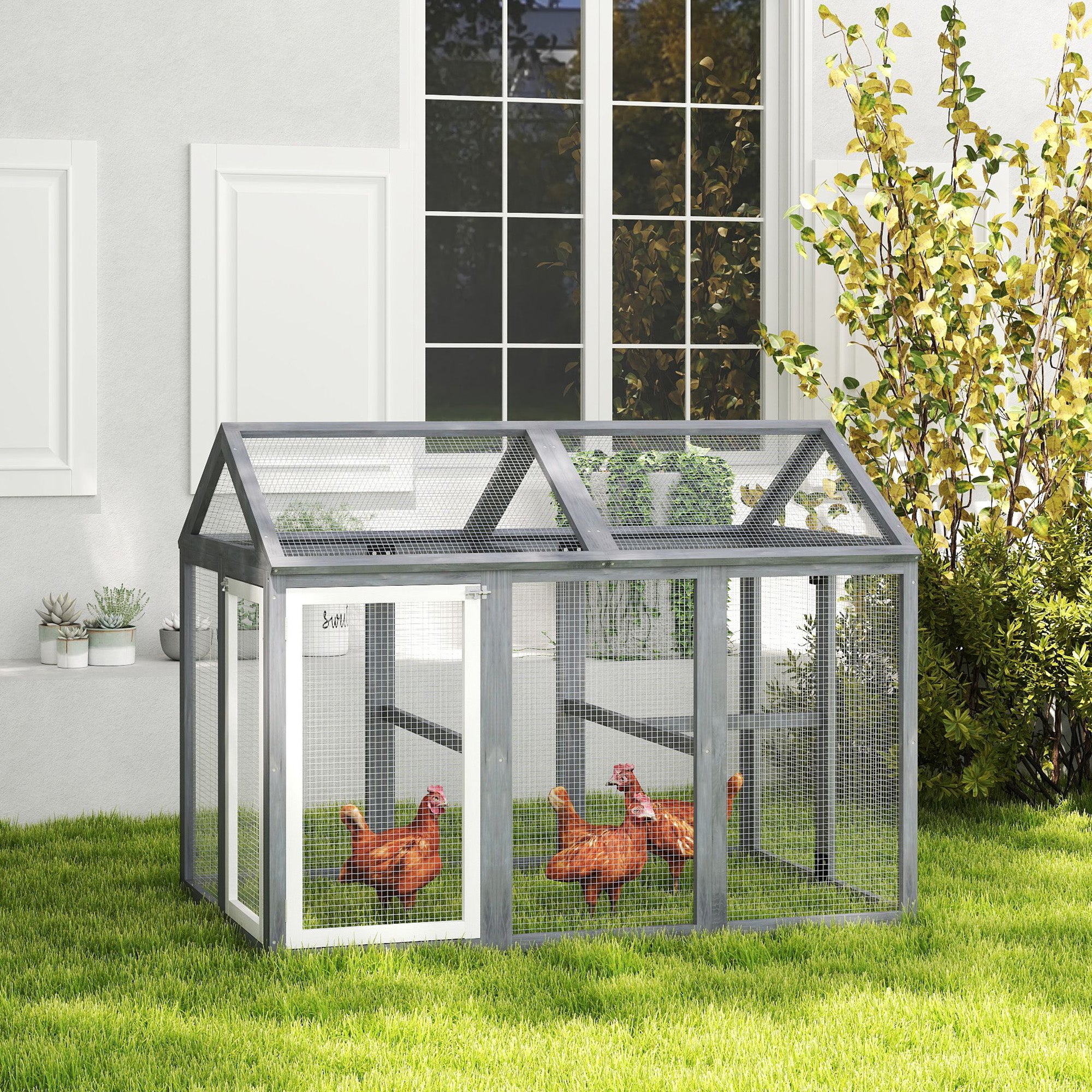 PawHut Large Chicken Run, Wooden Chicken Coop, Pet Playpen w/ Combinable Design - Grey