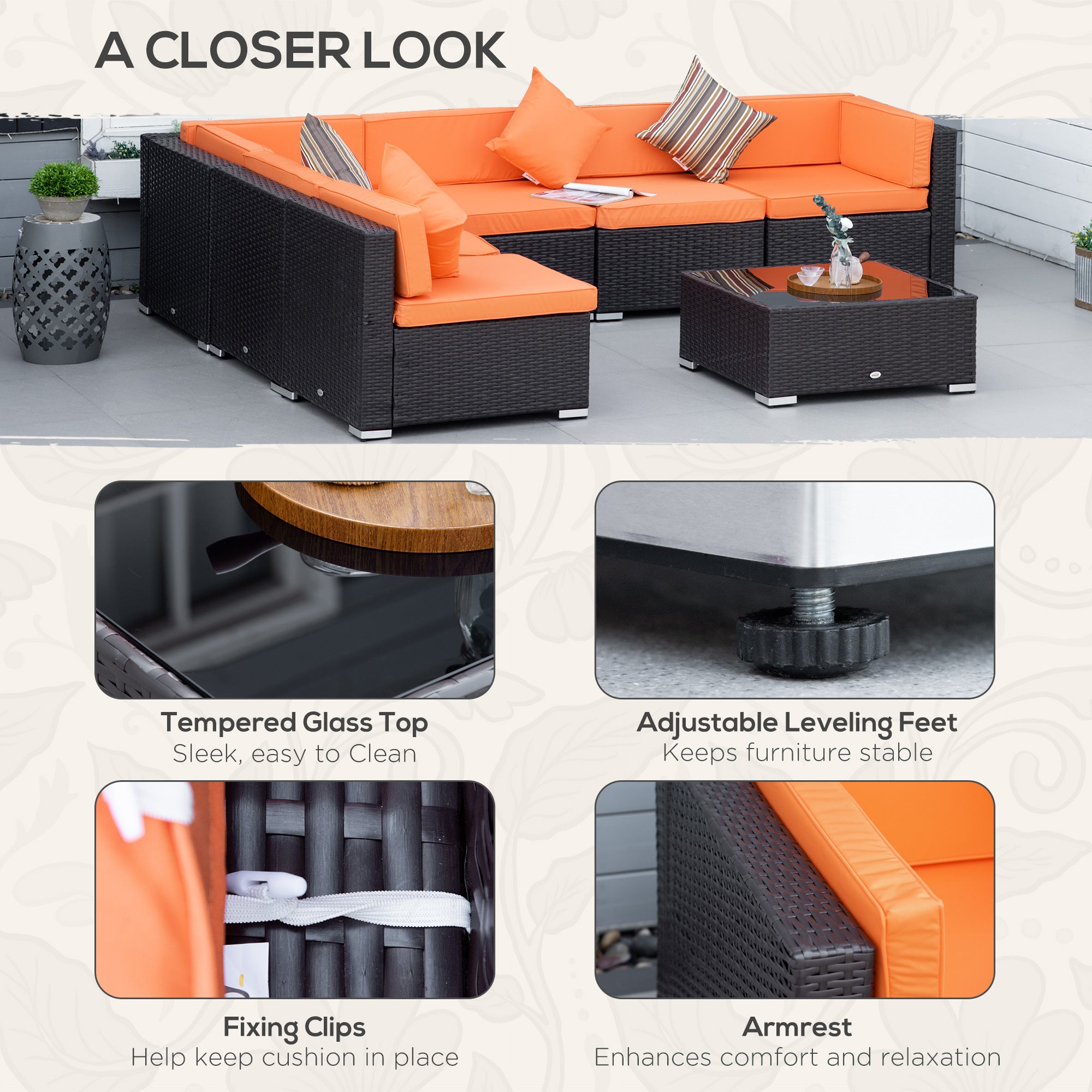 Outsunny 7 Piece Patio Furniture Set, PE Rattan Outdoor Conversation Set with Sectional Sofa, Glass Tabletop, Cushions and Pillows for Garden, Lawn, Deck, Coffee and Orange