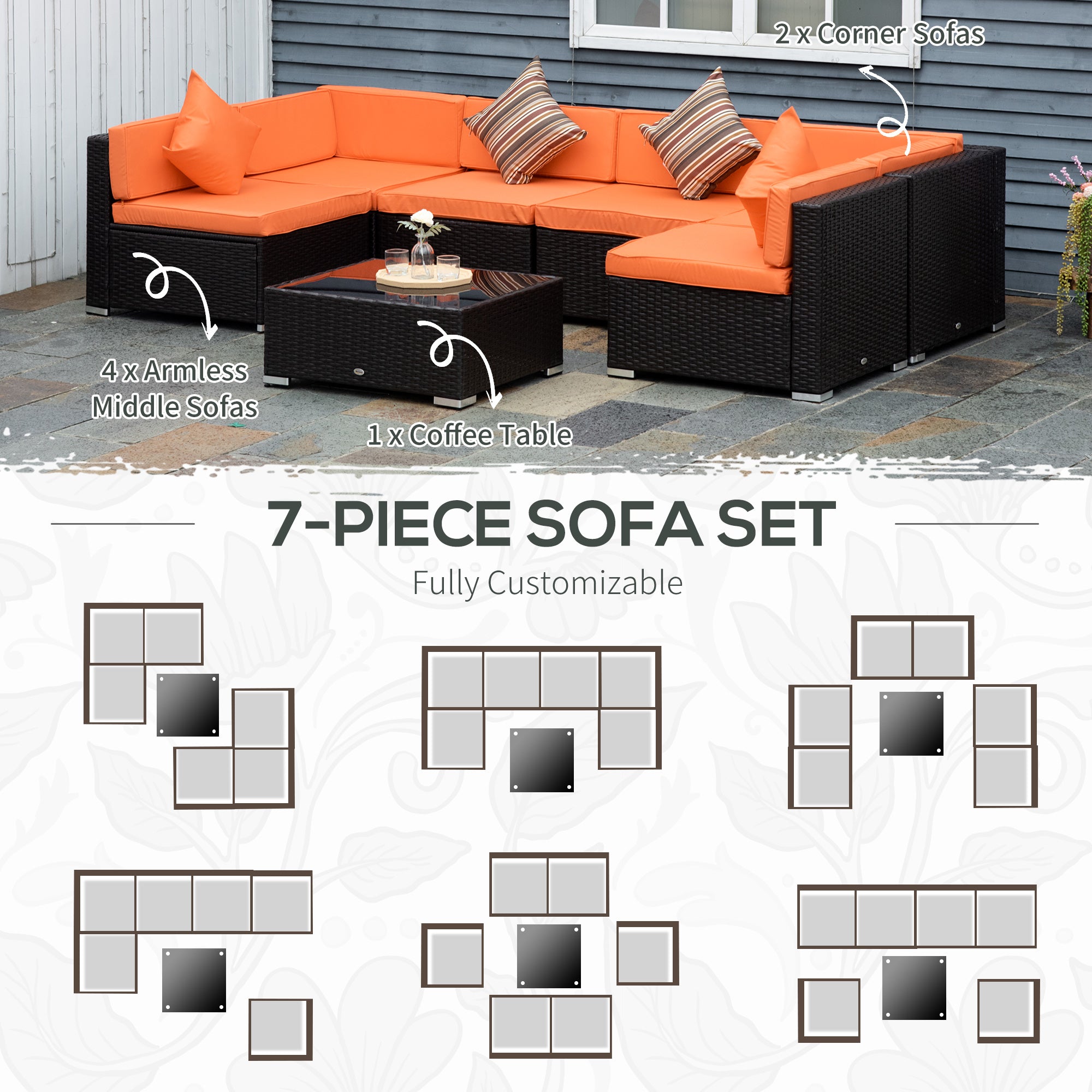 Outsunny 7 Piece Patio Furniture Set, PE Rattan Outdoor Conversation Set with Sectional Sofa, Glass Tabletop, Cushions and Pillows for Garden, Lawn, Deck, Coffee and Orange