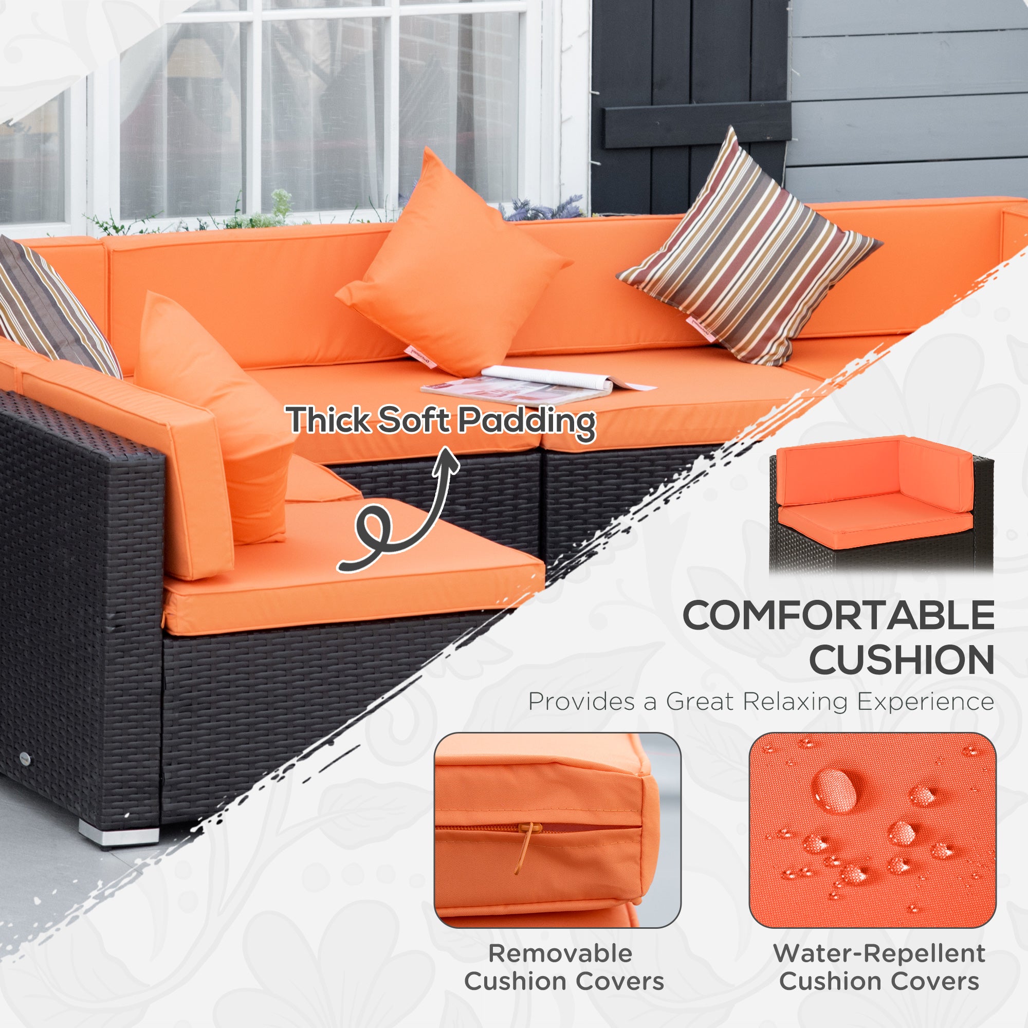 Outsunny 7 Piece Patio Furniture Set, PE Rattan Outdoor Conversation Set with Sectional Sofa, Glass Tabletop, Cushions and Pillows for Garden, Lawn, Deck, Coffee and Orange