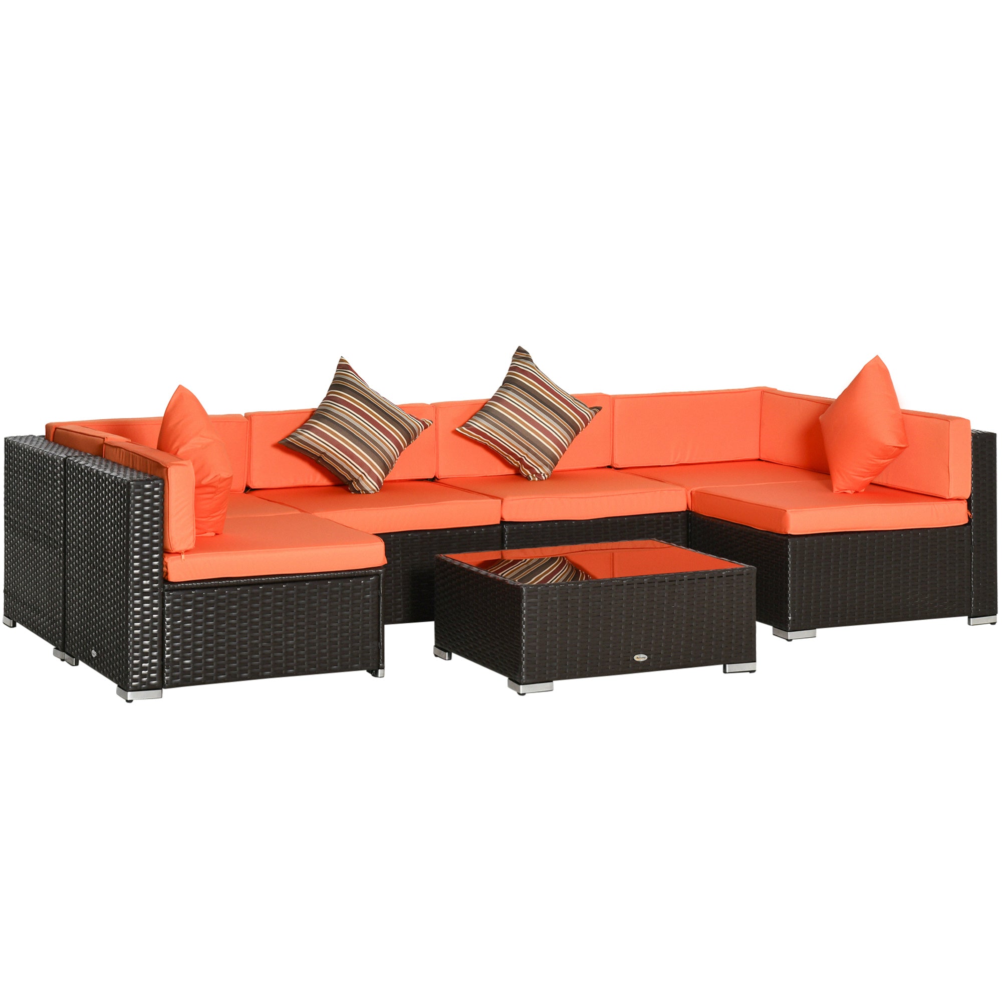 Outsunny 7 Piece Patio Furniture Set, PE Rattan Outdoor Conversation Set with Sectional Sofa, Glass Tabletop, Cushions and Pillows for Garden, Lawn, Deck, Coffee and Orange