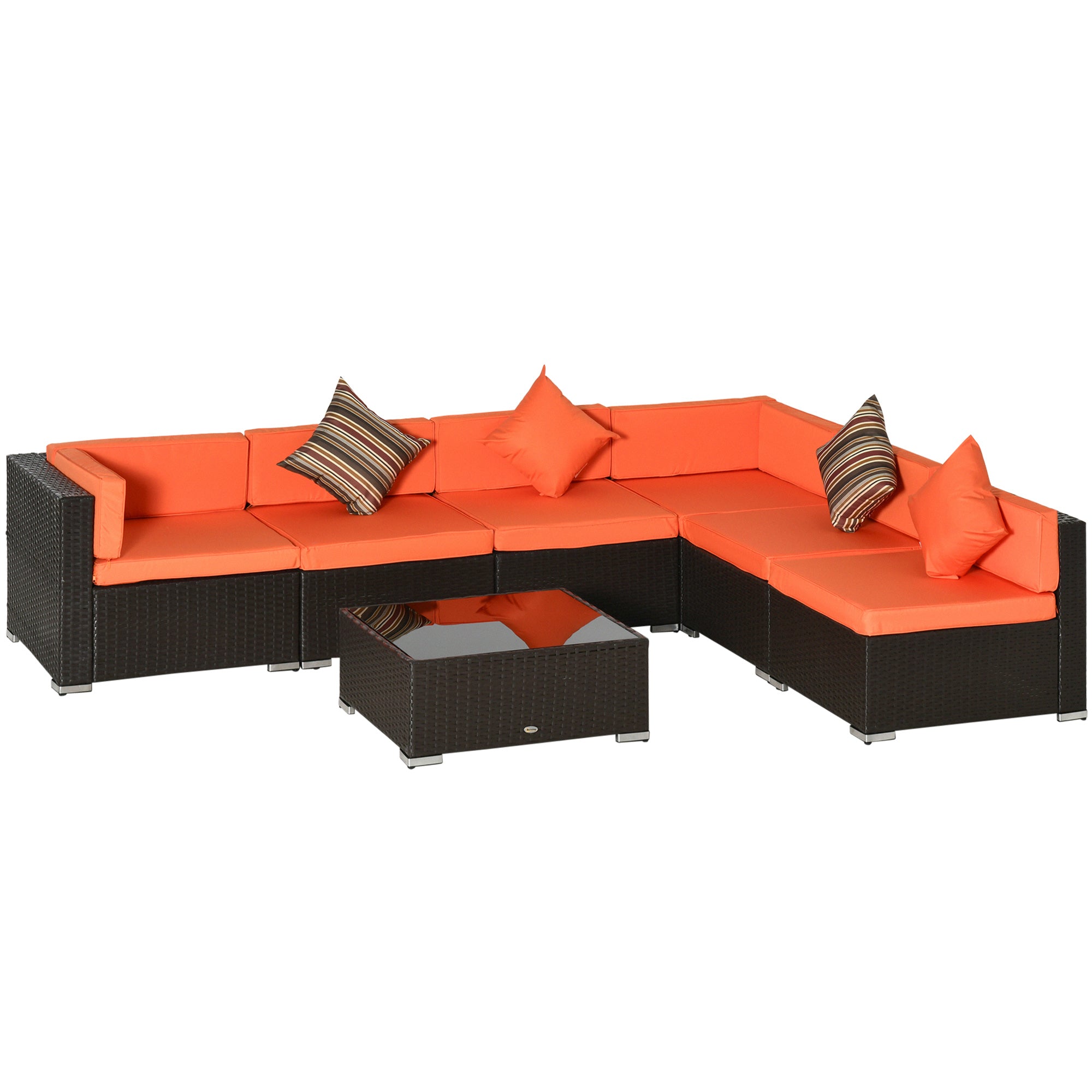 Outsunny 7 Piece Patio Furniture Set, PE Rattan Outdoor Conversation Set with Sectional Sofa, Glass Tabletop, Cushions and Pillows for Garden, Lawn, Deck, Coffee and Orange