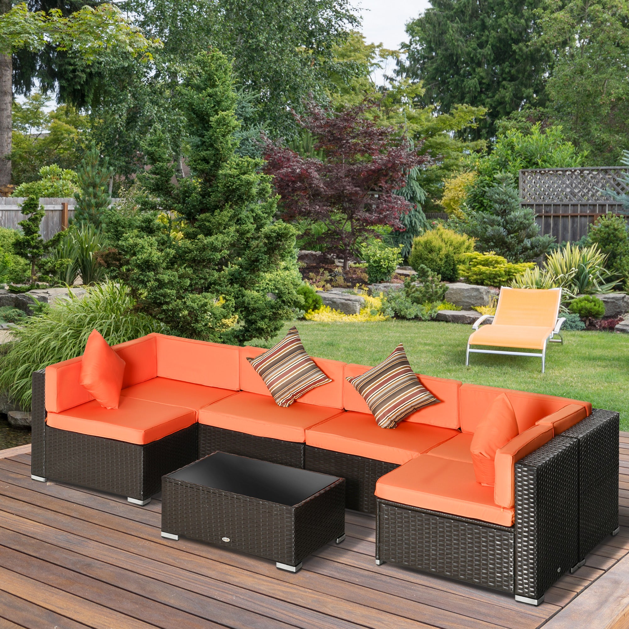Outsunny 7 Piece Patio Furniture Set, PE Rattan Outdoor Conversation Set with Sectional Sofa, Glass Tabletop, Cushions and Pillows for Garden, Lawn, Deck, Coffee and Orange