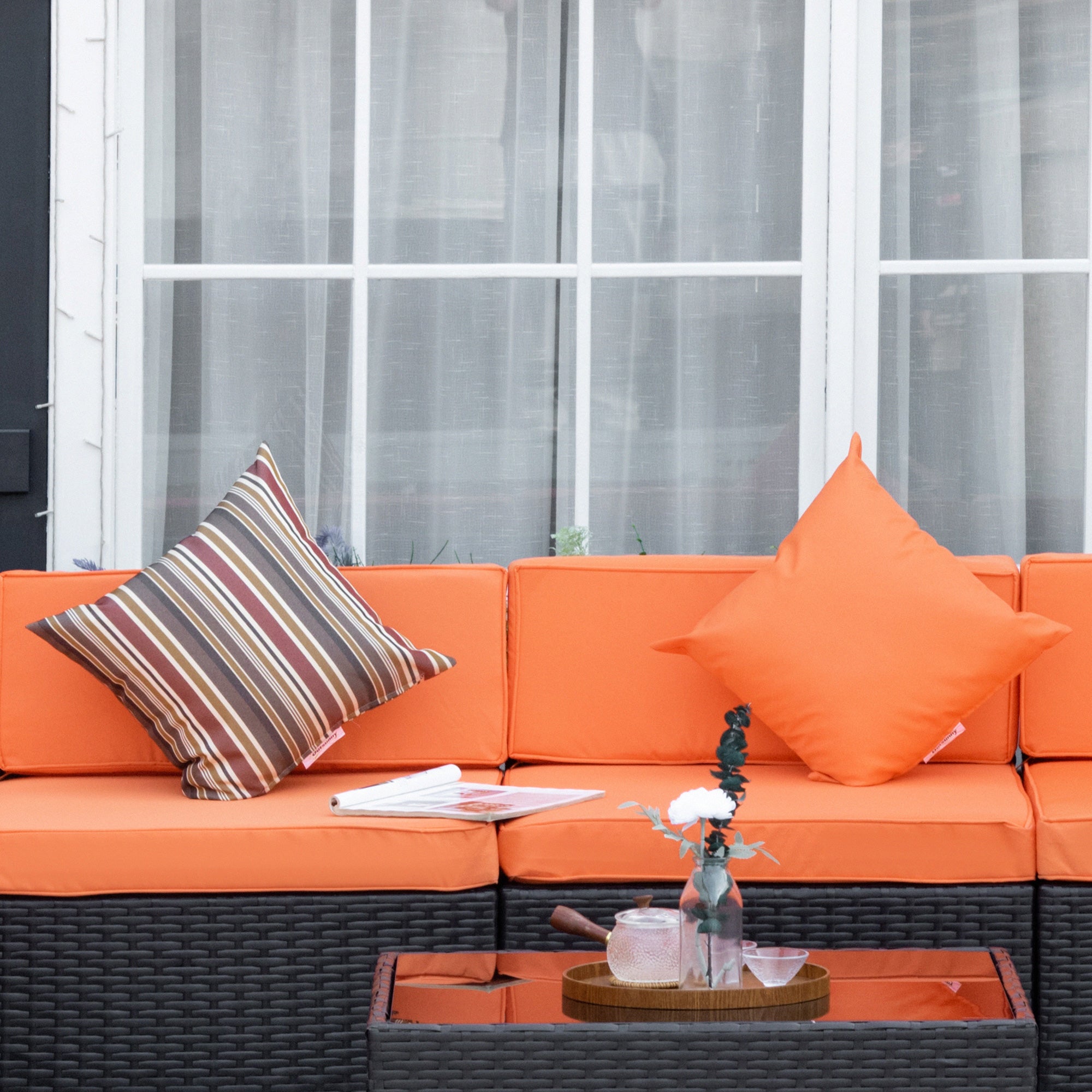 Outsunny 7 Piece Patio Furniture Set, PE Rattan Outdoor Conversation Set with Sectional Sofa, Glass Tabletop, Cushions and Pillows for Garden, Lawn, Deck, Coffee and Orange