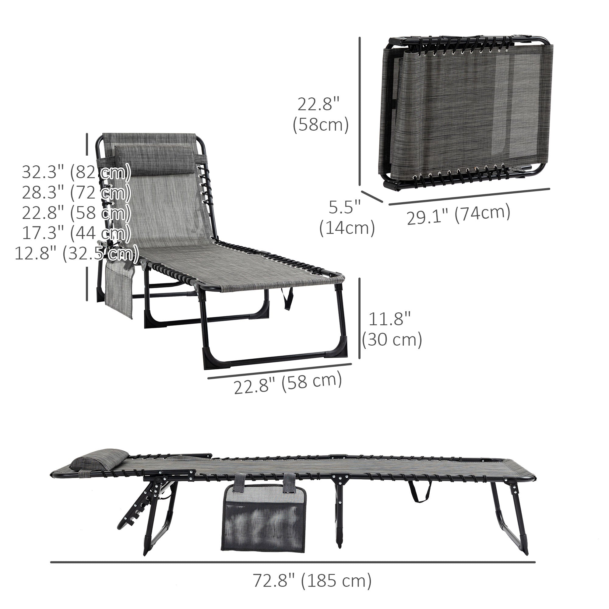 Outsunny Folding Lounge Chair, Reclining Tanning Chair, Portable Sun Lounger with Adjustable Backrest and Removable Pillow for Patio, Garden, Beach, Mixed Grey