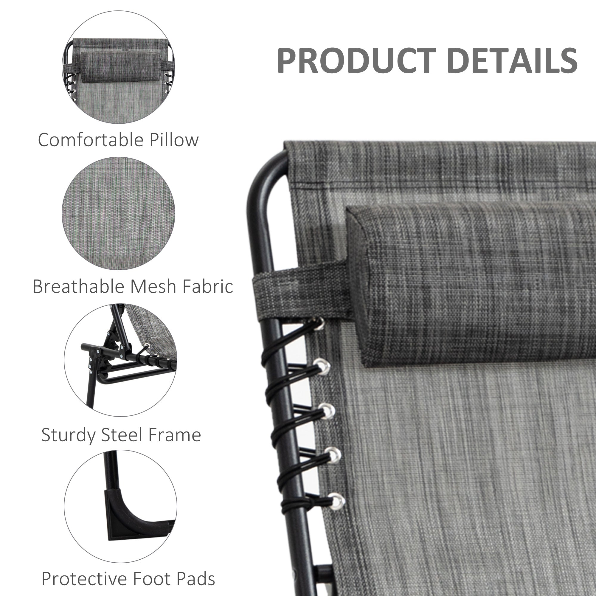 Outsunny Folding Lounge Chair, Reclining Tanning Chair, Portable Sun Lounger with Adjustable Backrest and Removable Pillow for Patio, Garden, Beach, Mixed Grey