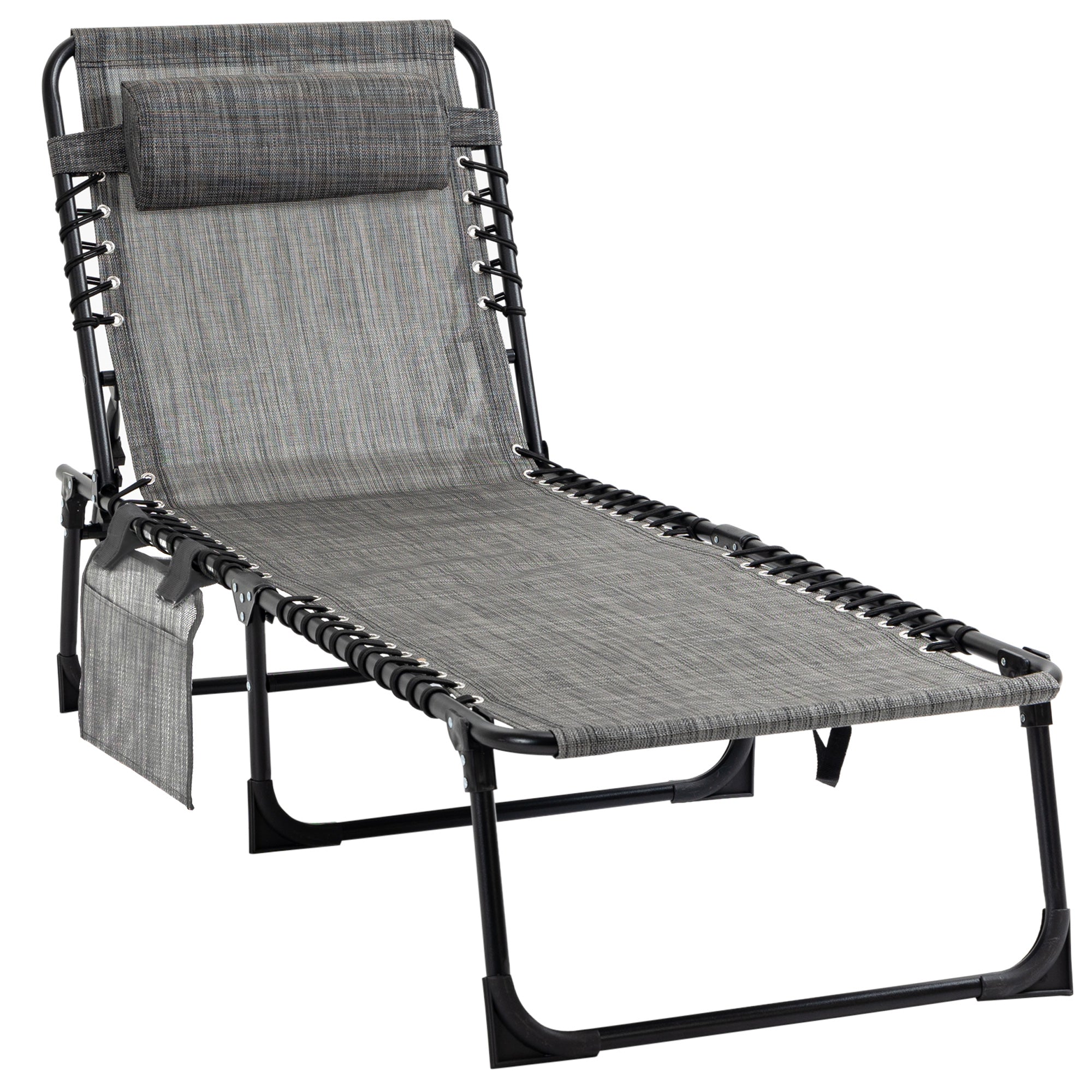 Outsunny Folding Lounge Chair, Reclining Tanning Chair, Portable Sun Lounger with Adjustable Backrest and Removable Pillow for Patio, Garden, Beach, Mixed Grey