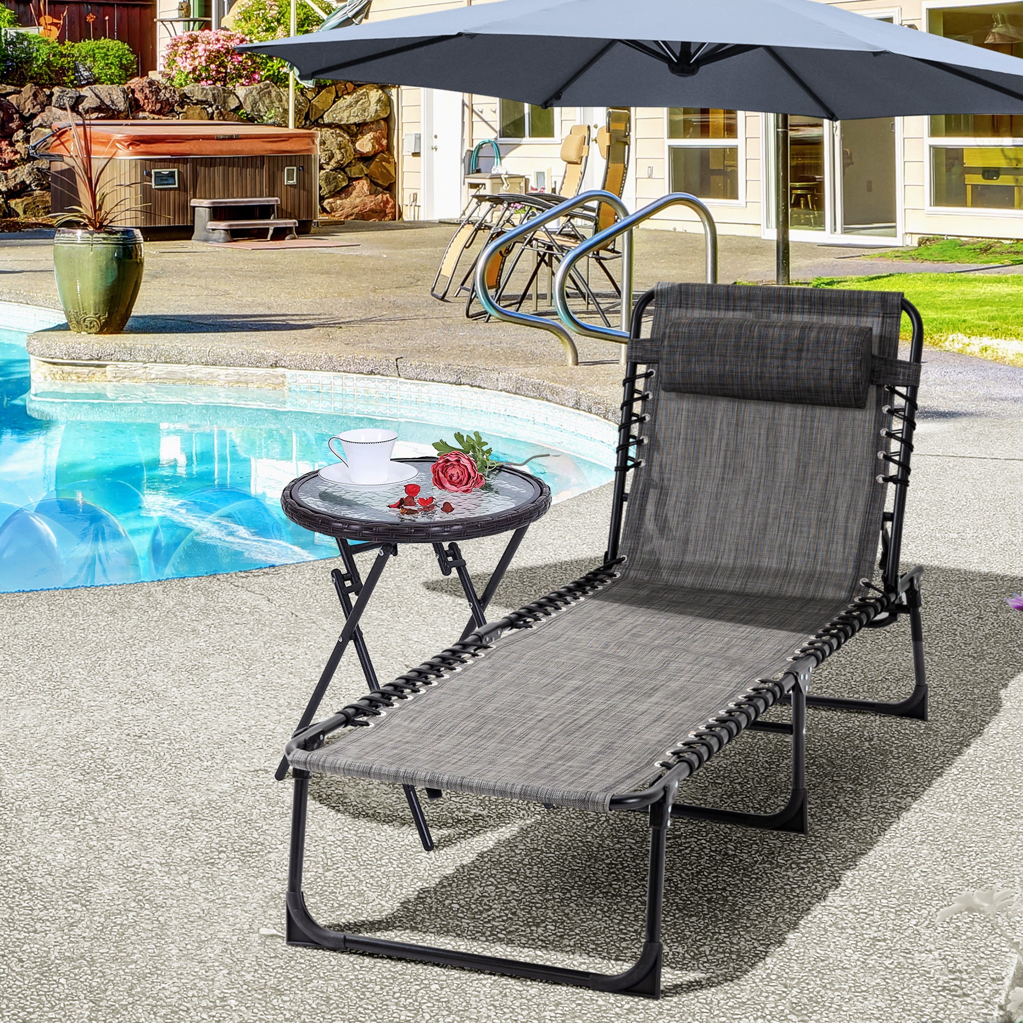 Outsunny Folding Lounge Chair, Reclining Tanning Chair, Portable Sun Lounger with Adjustable Backrest and Removable Pillow for Patio, Garden, Beach, Mixed Grey