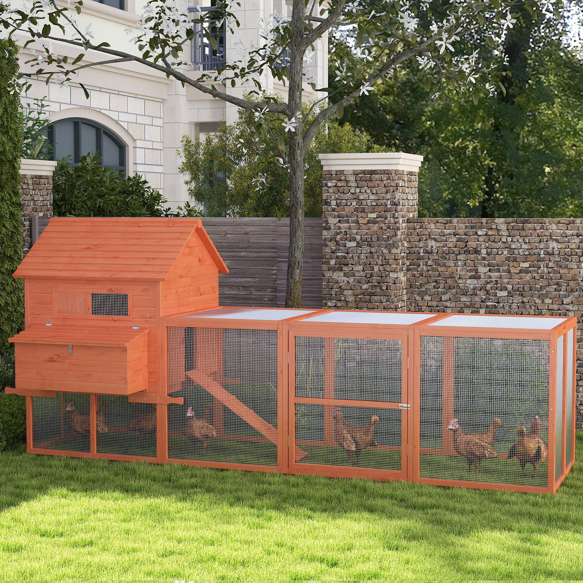 PawHut 145" Chicken Coop Large Chicken House Rabbit Hutch Wooden Poultry Cage Pen Garden & Backyard with Run & Inner Hen House Space