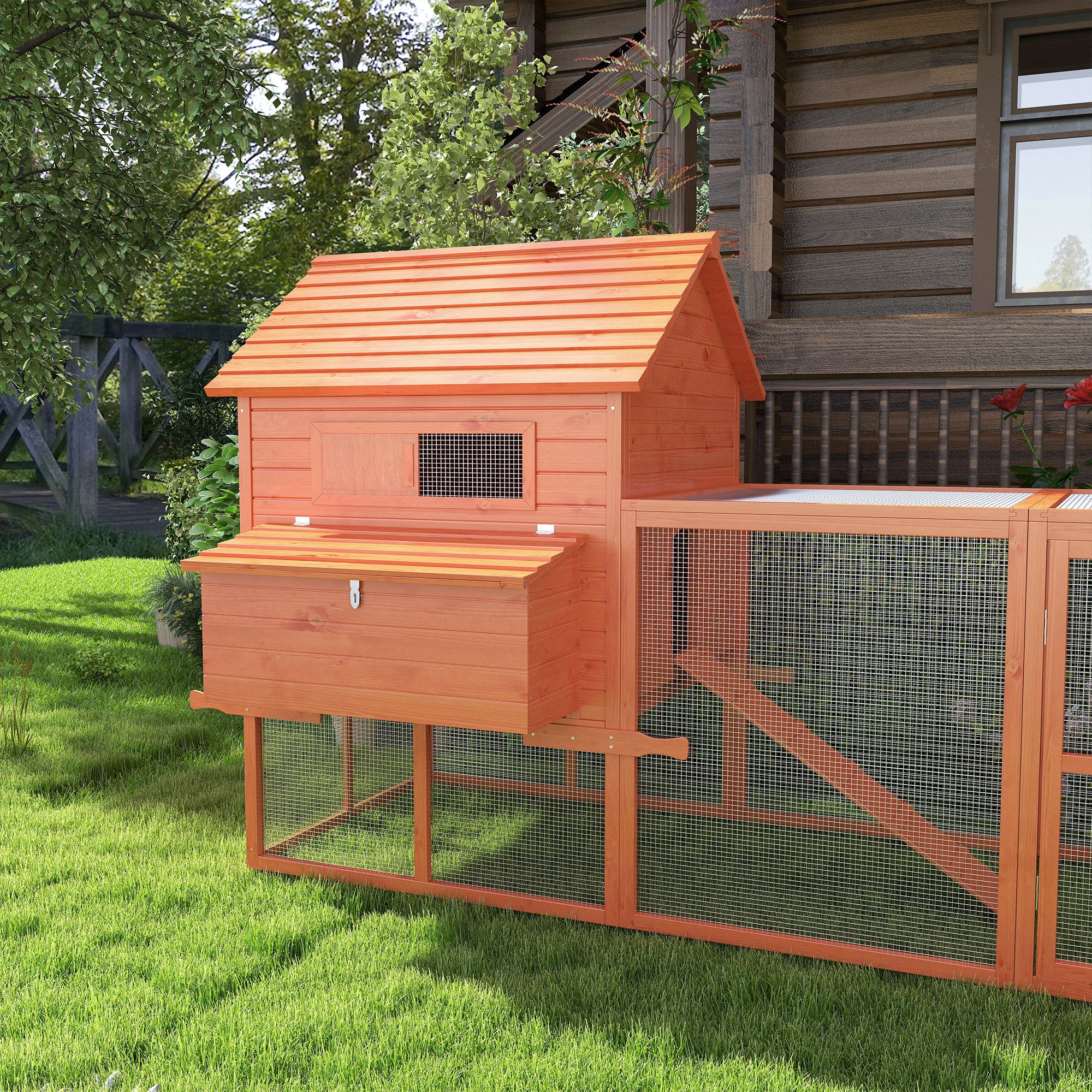 PawHut 145" Chicken Coop Large Chicken House Rabbit Hutch Wooden Poultry Cage Pen Garden & Backyard with Run & Inner Hen House Space