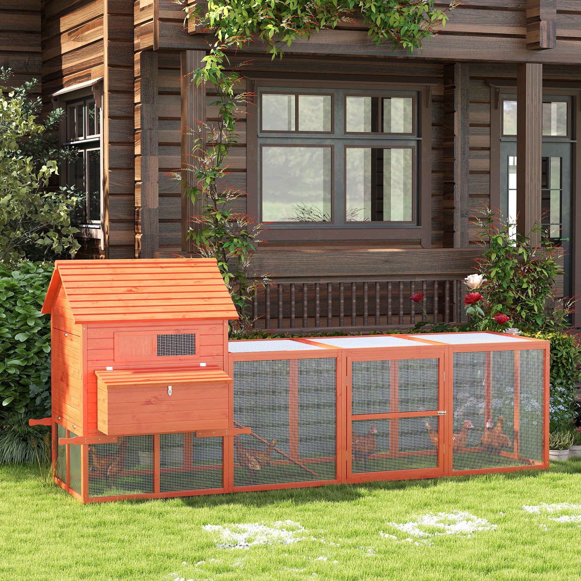 PawHut 145" Chicken Coop Large Chicken House Rabbit Hutch Wooden Poultry Cage Pen Garden & Backyard with Run & Inner Hen House Space
