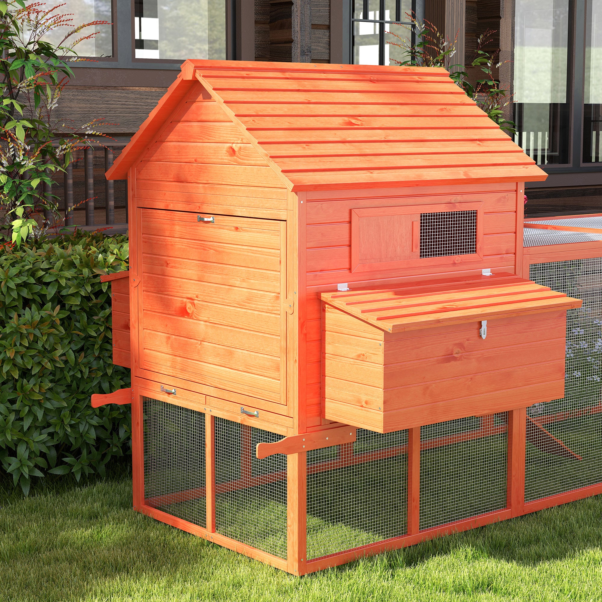 PawHut 145" Chicken Coop Large Chicken House Rabbit Hutch Wooden Poultry Cage Pen Garden & Backyard with Run & Inner Hen House Space