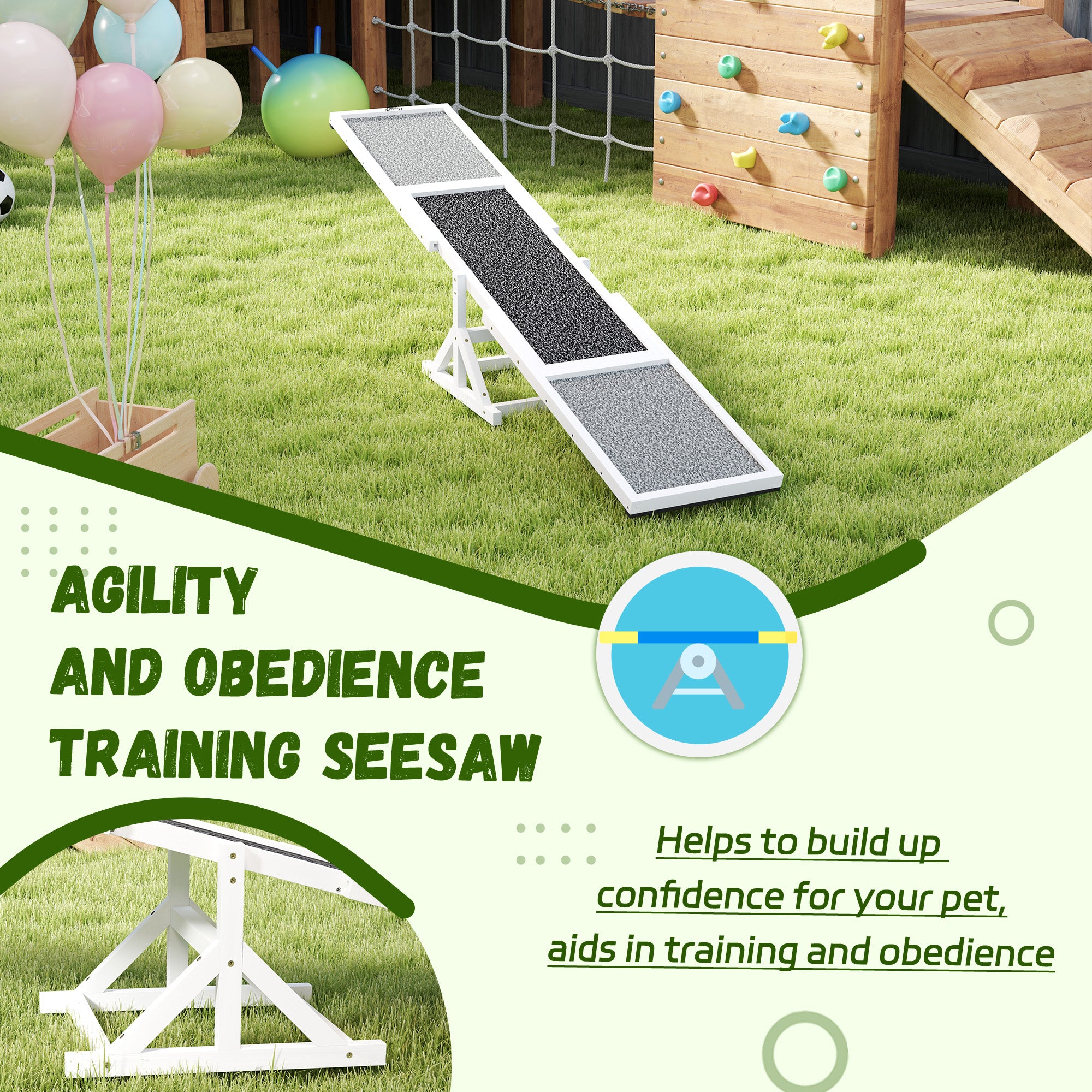 PawHut Wooden Dog Agility Seesaw for Training and Exercise, Platform Equipment Run Game Toy, Weather Resistant Pet Supplies, 83" L x 16" W x 14" H, White