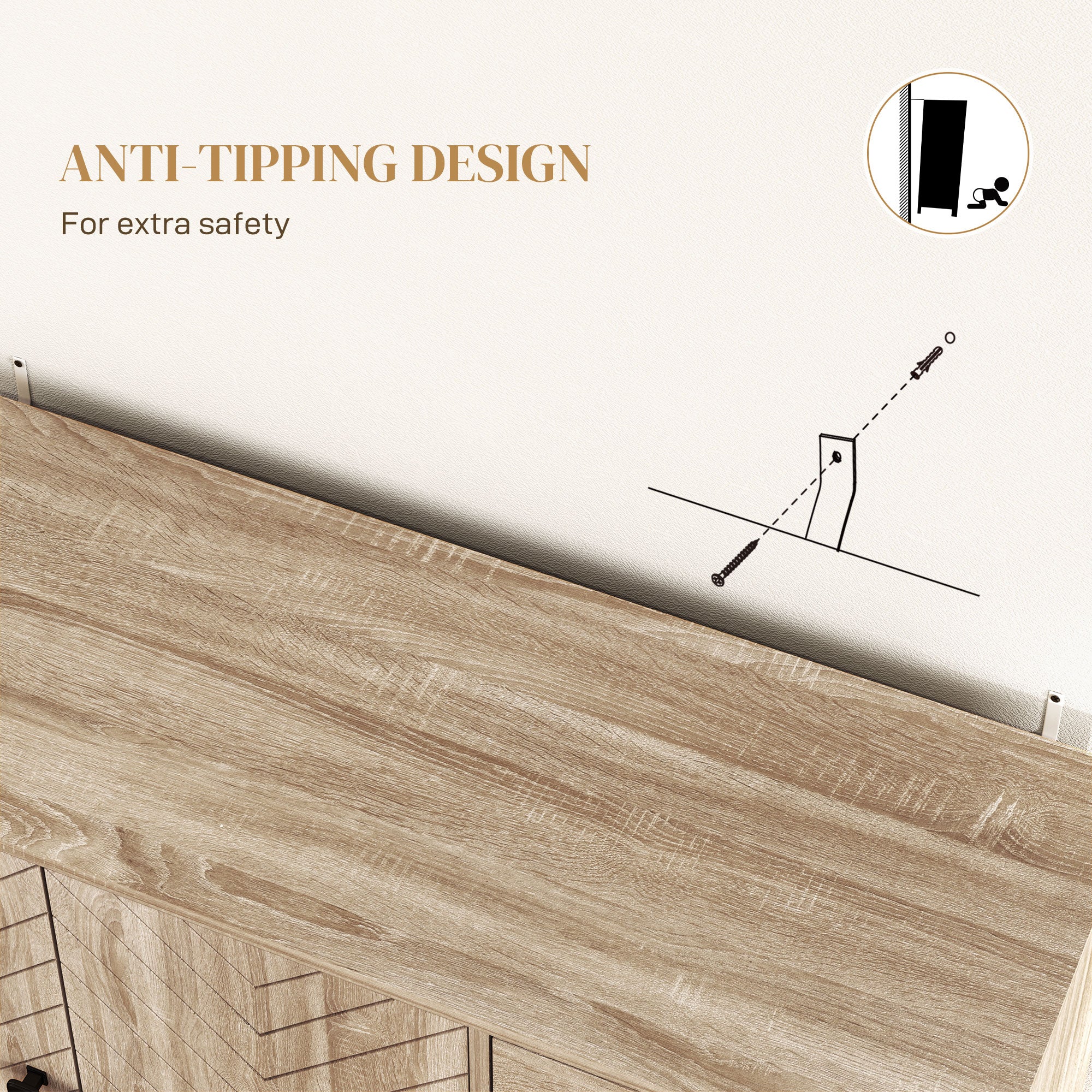 HOMCOM Modern Sideboard, 42.5" Buffet Cabinet with Adjustable Shelves and 3 Drawers, Coffee Bar Cabinet with 2 Chevron Pattern Doors and Metal Legs, Oak