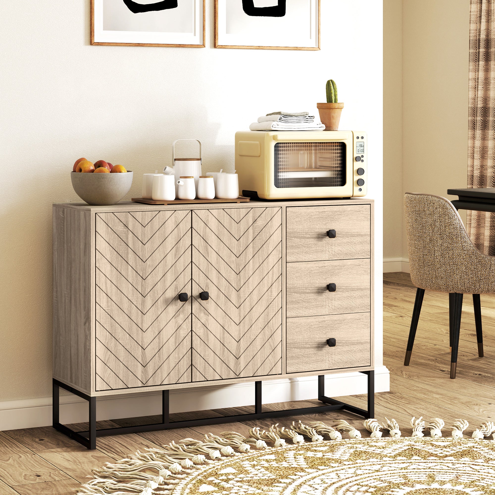 HOMCOM Modern Sideboard, 42.5" Buffet Cabinet with Adjustable Shelves and 3 Drawers, Coffee Bar Cabinet with 2 Chevron Pattern Doors and Metal Legs, Oak