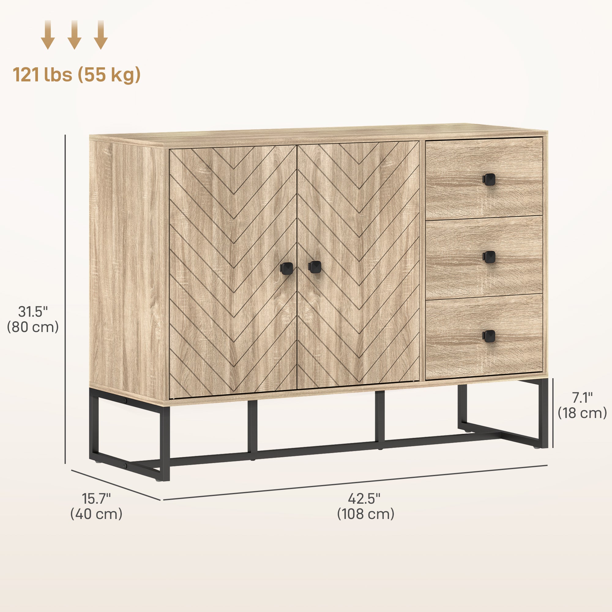 HOMCOM Modern Sideboard, 42.5" Buffet Cabinet with Adjustable Shelves and 3 Drawers, Coffee Bar Cabinet with 2 Chevron Pattern Doors and Metal Legs, Oak