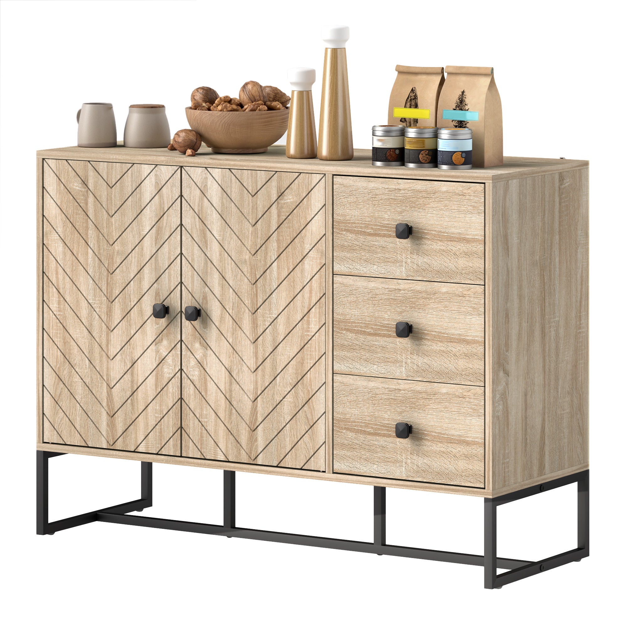 HOMCOM Modern Sideboard, 42.5" Buffet Cabinet with Adjustable Shelves and 3 Drawers, Coffee Bar Cabinet with 2 Chevron Pattern Doors and Metal Legs, Oak