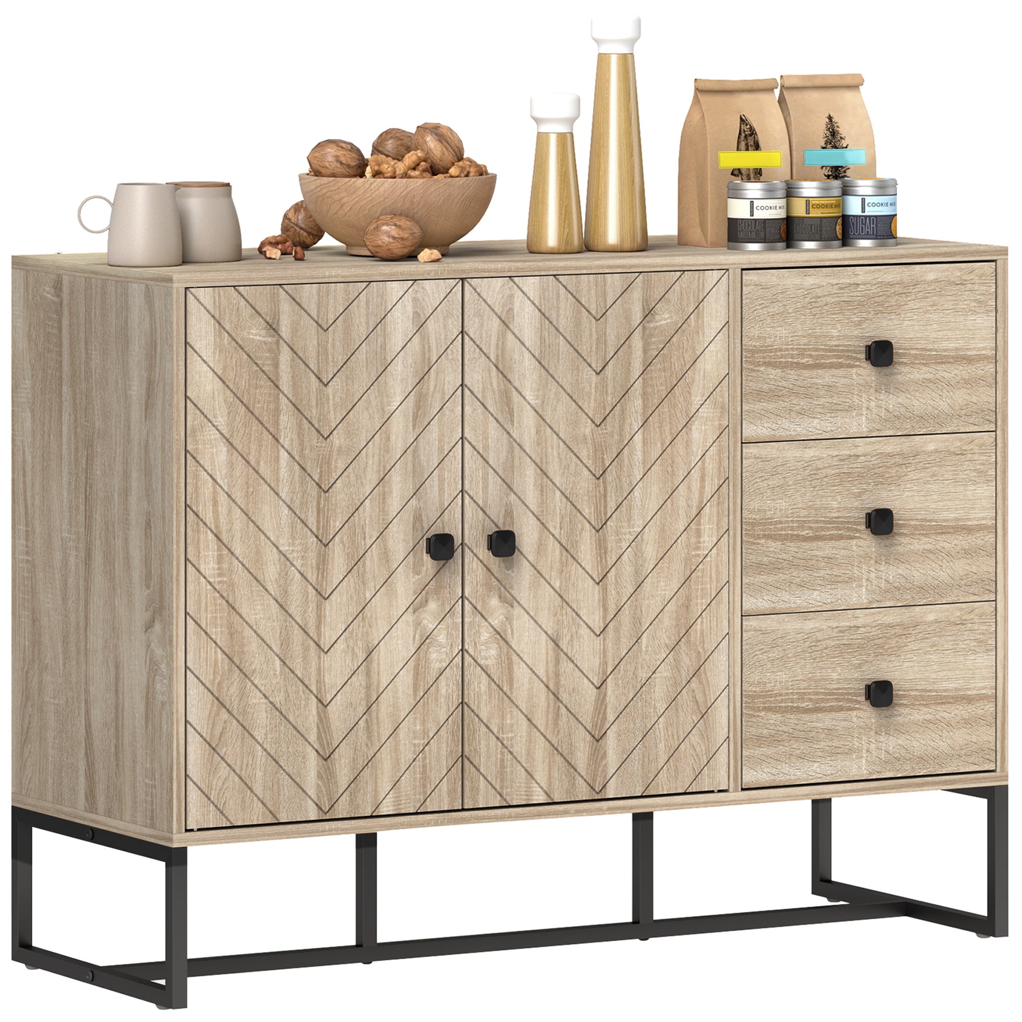HOMCOM Modern Sideboard, 42.5" Buffet Cabinet with Adjustable Shelves and 3 Drawers, Coffee Bar Cabinet with 2 Chevron Pattern Doors and Metal Legs, Oak