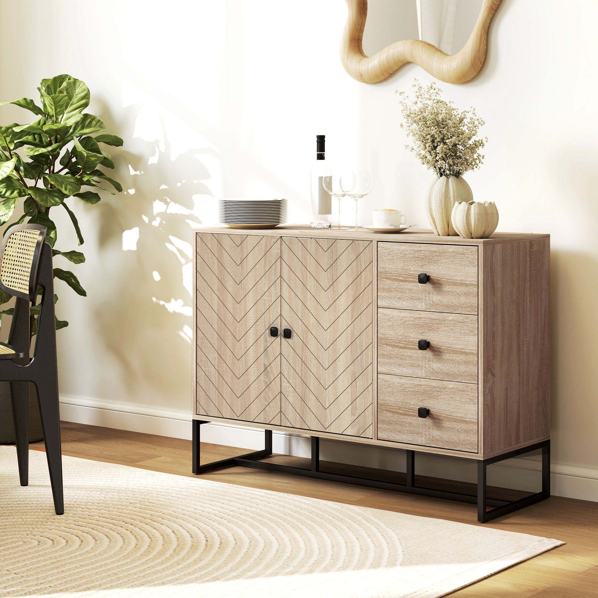 HOMCOM Modern Sideboard, 42.5" Buffet Cabinet with Adjustable Shelves and 3 Drawers, Coffee Bar Cabinet with 2 Chevron Pattern Doors and Metal Legs, Oak