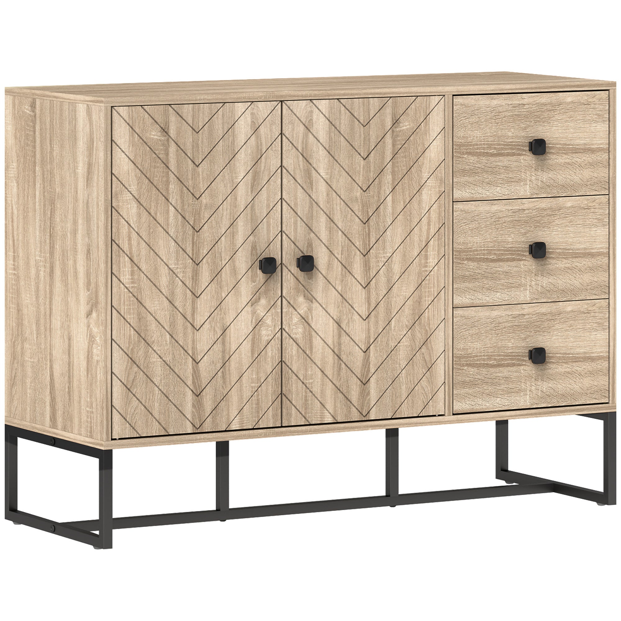 HOMCOM Modern Sideboard, 42.5" Buffet Cabinet with Adjustable Shelves and 3 Drawers, Coffee Bar Cabinet with 2 Chevron Pattern Doors and Metal Legs, Oak