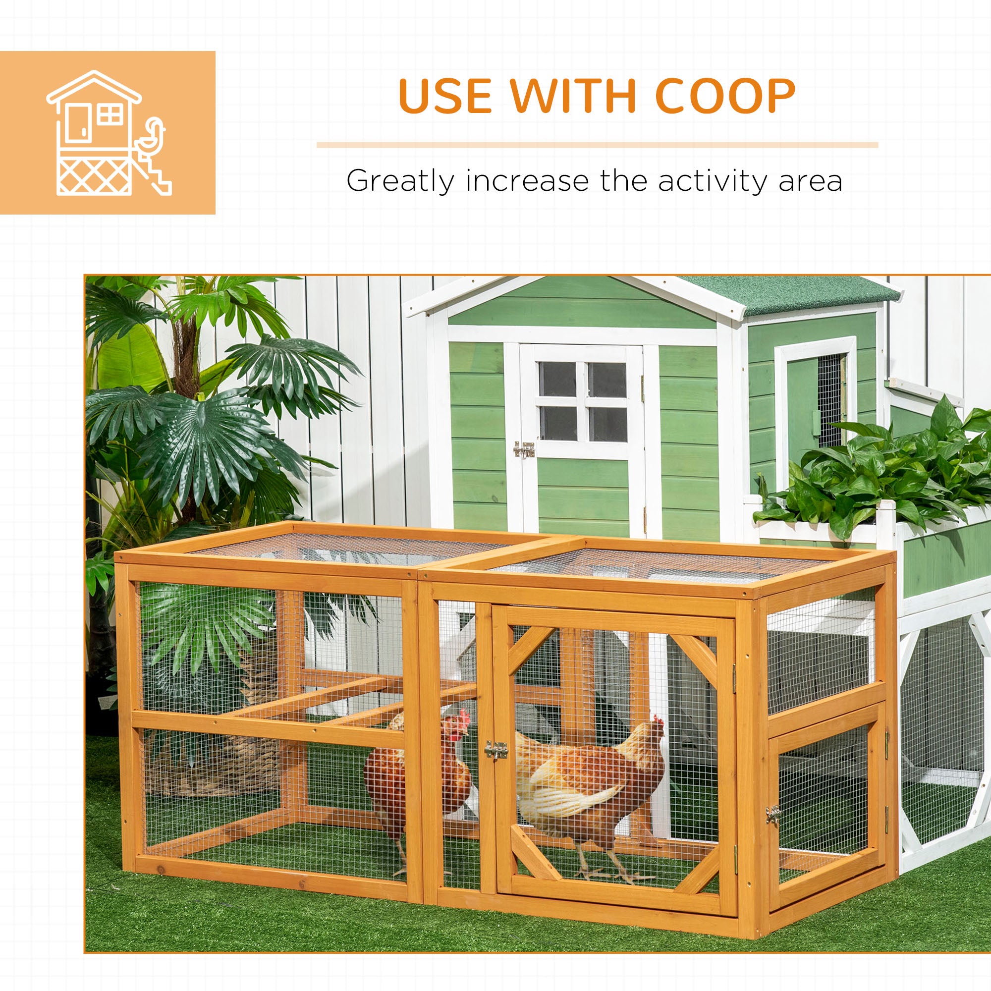 PawHut Wooden Chicken Run Hen Coop House Combinable Design w/ Perches, Doors, for 2-4 Chickens, 140 x 61 x 63.5cm - Natural Wood Tone