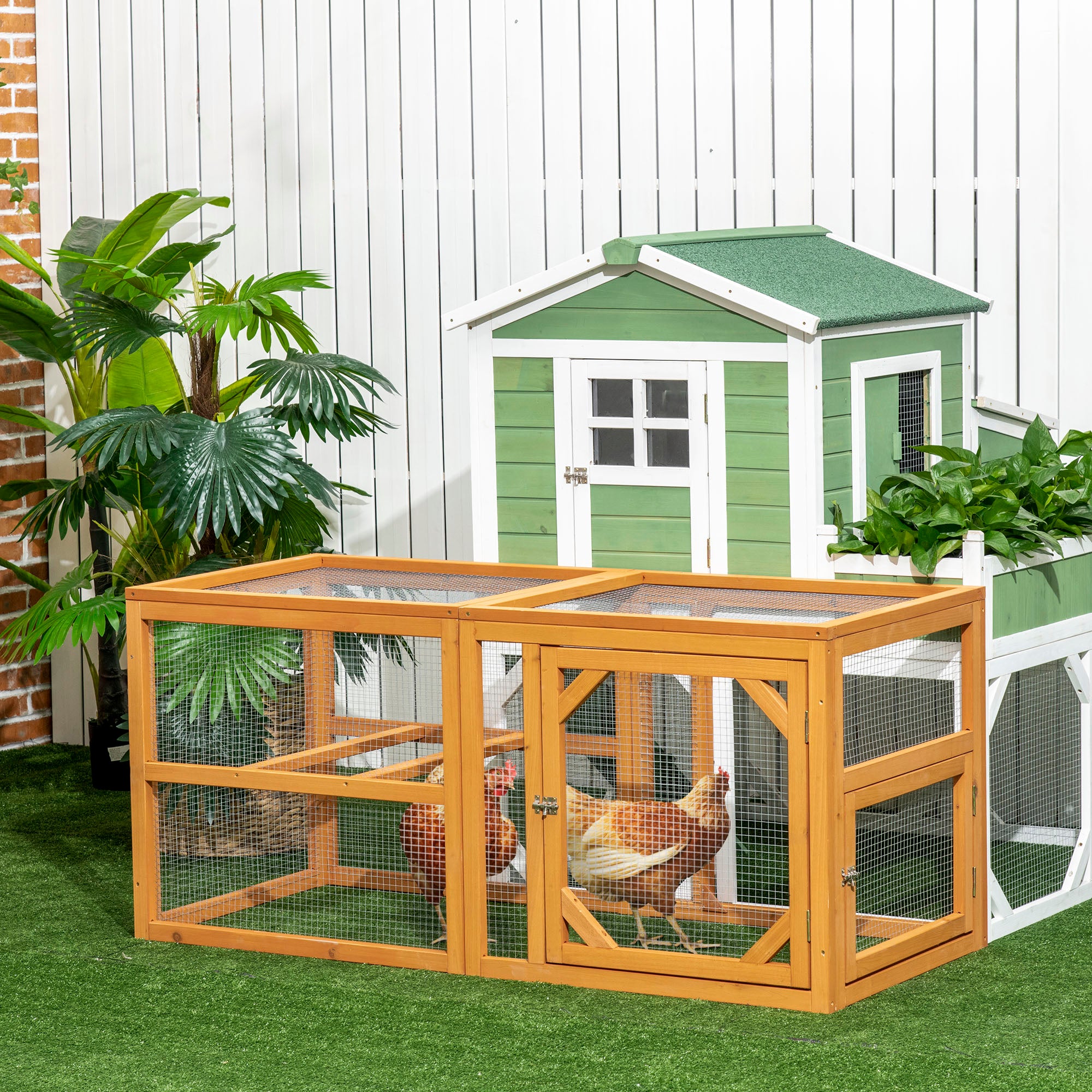 PawHut Wooden Chicken Run Hen Coop House Combinable Design w/ Perches, Doors, for 2-4 Chickens, 140 x 61 x 63.5cm - Natural Wood Tone