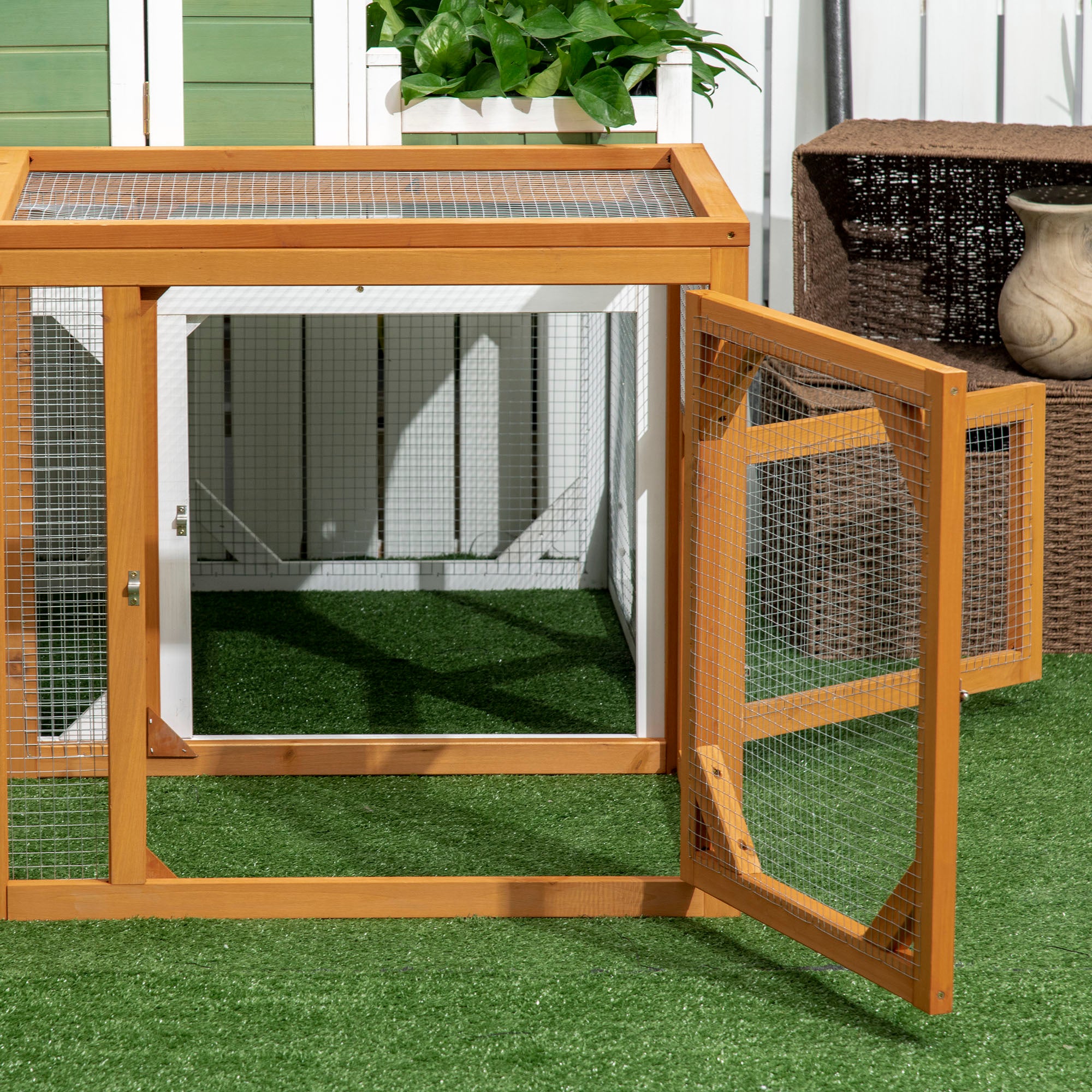 PawHut Wooden Chicken Run Hen Coop House Combinable Design w/ Perches, Doors, for 2-4 Chickens, 140 x 61 x 63.5cm - Natural Wood Tone