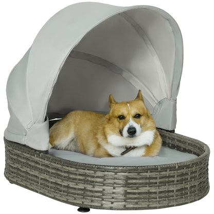 PawHut Wicker Covered Dog Bed with Canopy Outdoor Pet Sofa with Cushion Waterproof for Small Medium Dogs, Grey