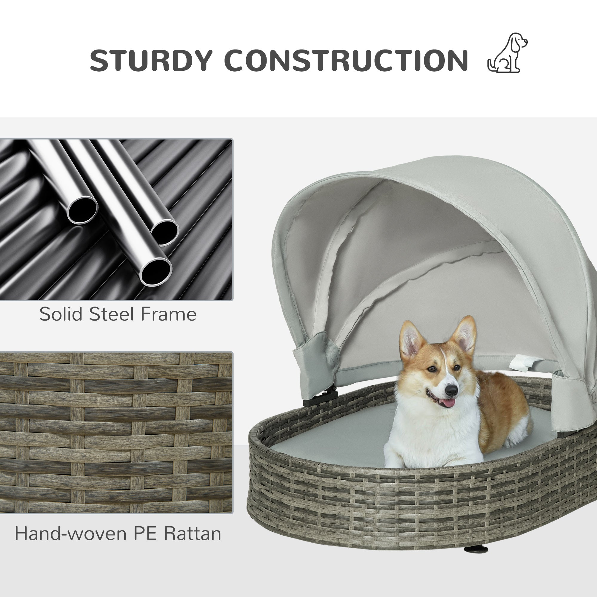 PawHut Wicker Covered Dog Bed with Canopy Outdoor Pet Sofa with Cushion Waterproof for Small Medium Dogs, Grey