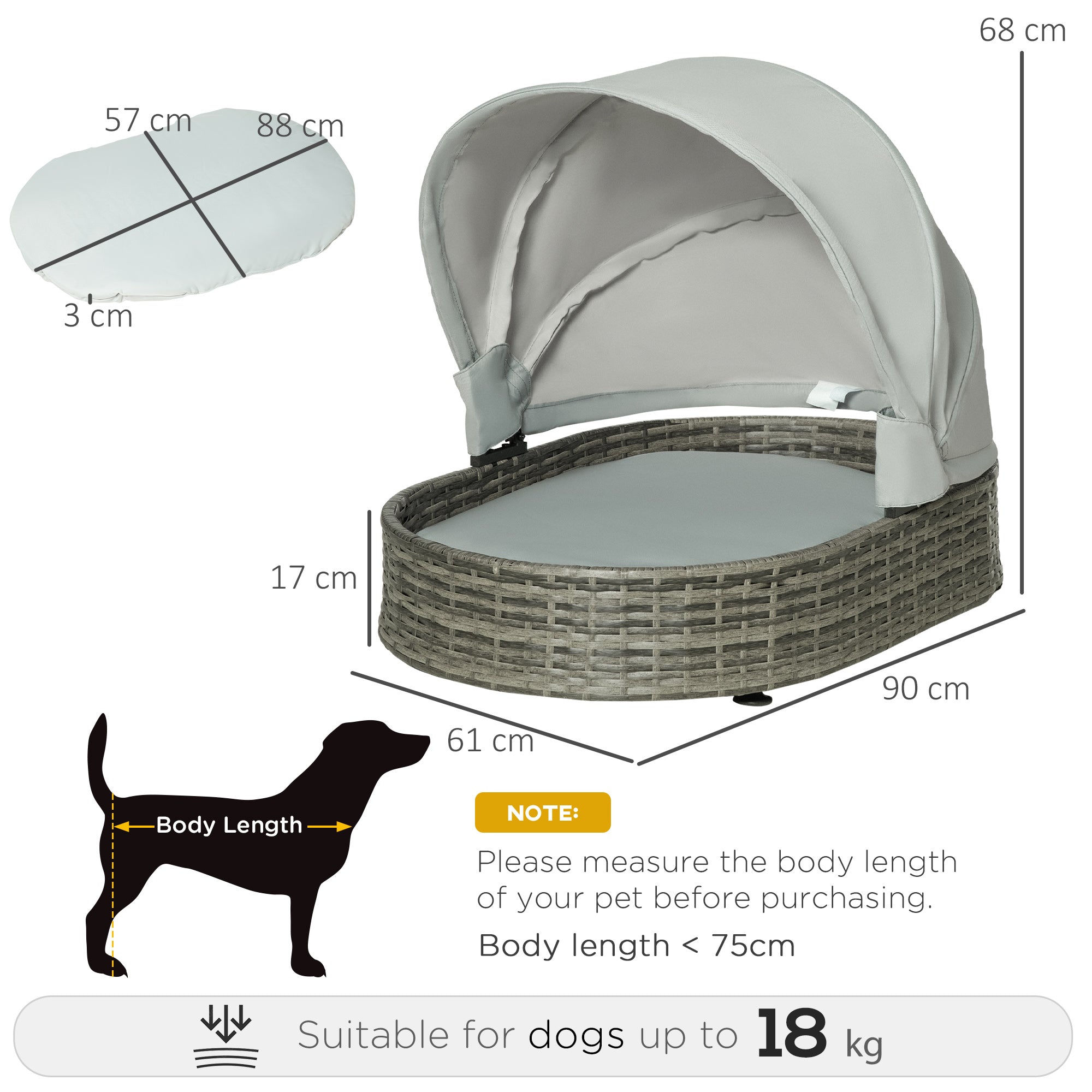 PawHut Wicker Covered Dog Bed with Canopy Outdoor Pet Sofa with Cushion Waterproof for Small Medium Dogs, Grey