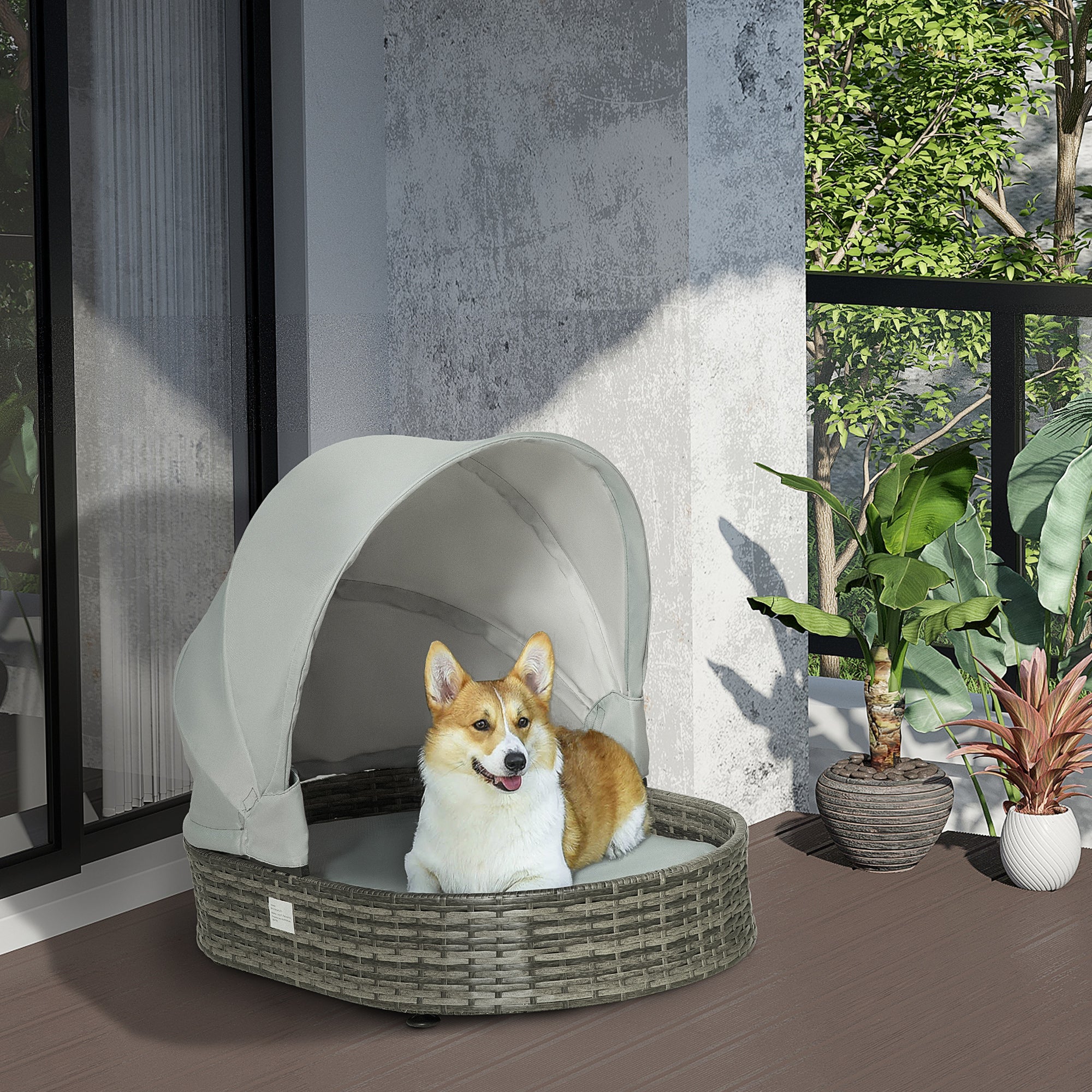 PawHut Wicker Covered Dog Bed with Canopy Outdoor Pet Sofa with Cushion Waterproof for Small Medium Dogs, Grey
