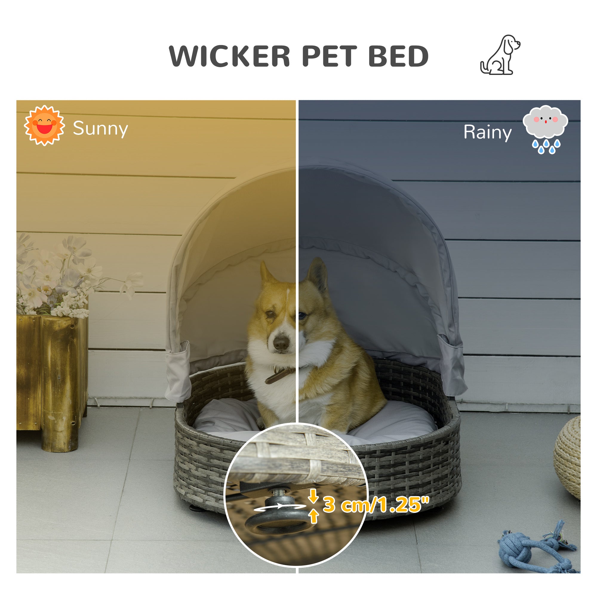 PawHut Wicker Covered Dog Bed with Canopy Outdoor Pet Sofa with Cushion Waterproof for Small Medium Dogs, Grey