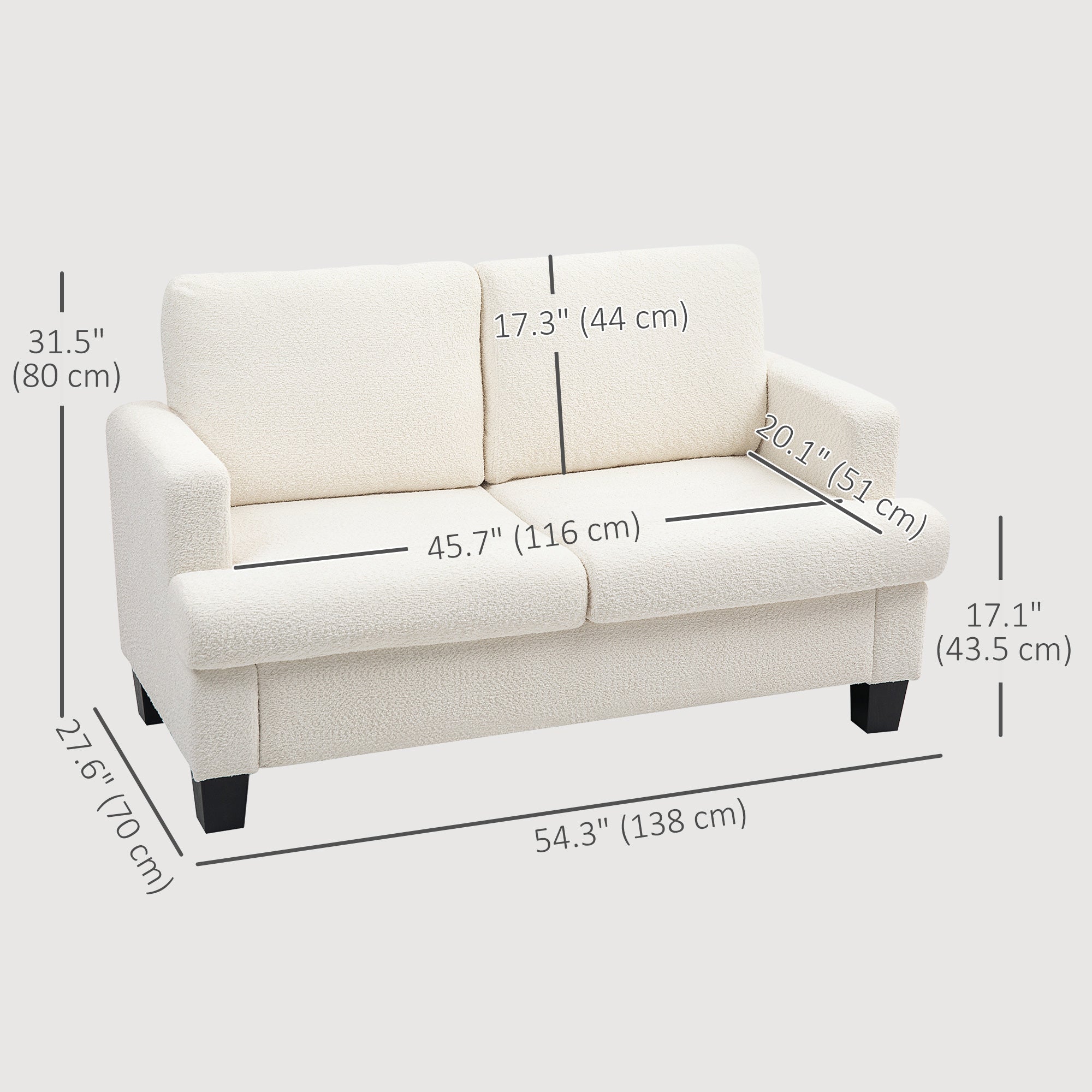HOMCOM 54.3" Loveseat Sofa, Modern 2 Seater Sofa Couch with Removable Cushions, Upholstered Small Couch with Tapered Legs for Living Room, Bedroom and Small Space, Cream White