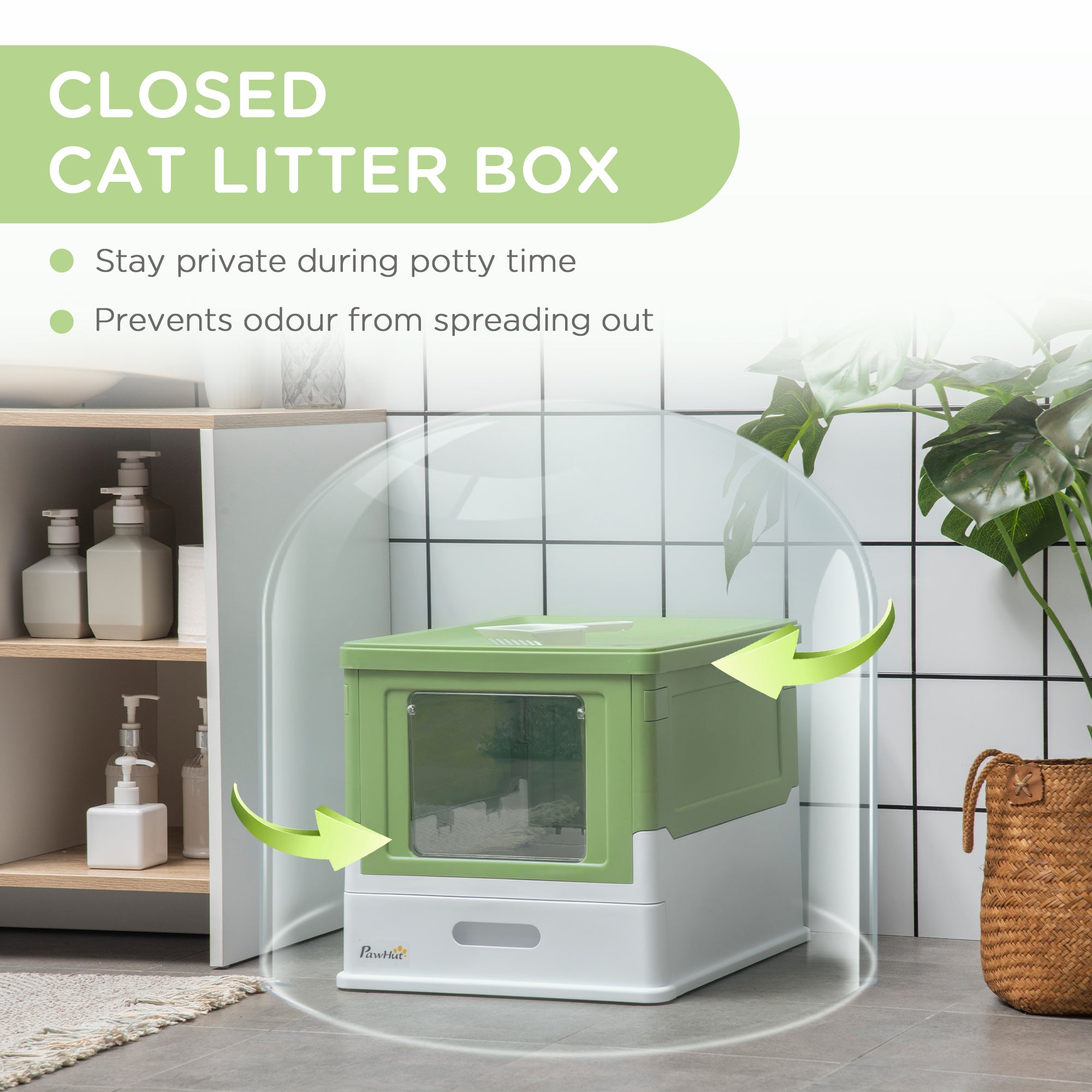 PawHut Cat Litter Box, Top Entry Enclosed Foldable Kitty Litter Box with Scoop, Tray, Portable Kitten Litter Box Enclosure with Front Entry, Large Space, Dark Green
