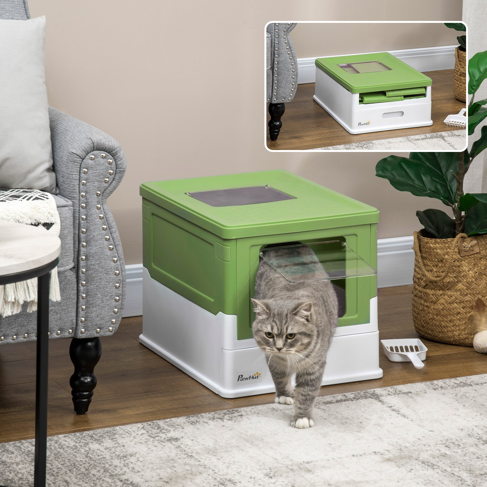 PawHut Cat Litter Box, Top Entry Enclosed Foldable Kitty Litter Box with Scoop, Tray, Portable Kitten Litter Box Enclosure with Front Entry, Large Space, Dark Green