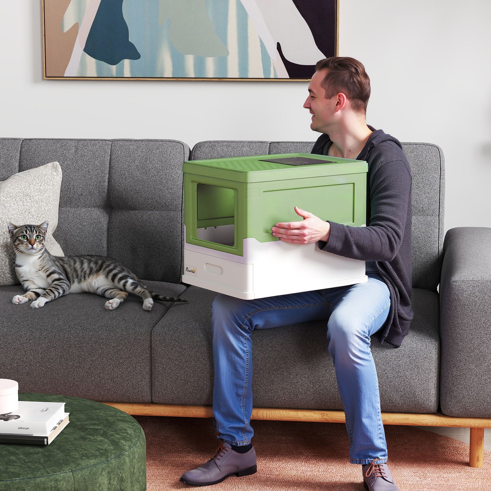 PawHut Cat Litter Box, Top Entry Enclosed Foldable Kitty Litter Box with Scoop, Tray, Portable Kitten Litter Box Enclosure with Front Entry, Large Space, Dark Green