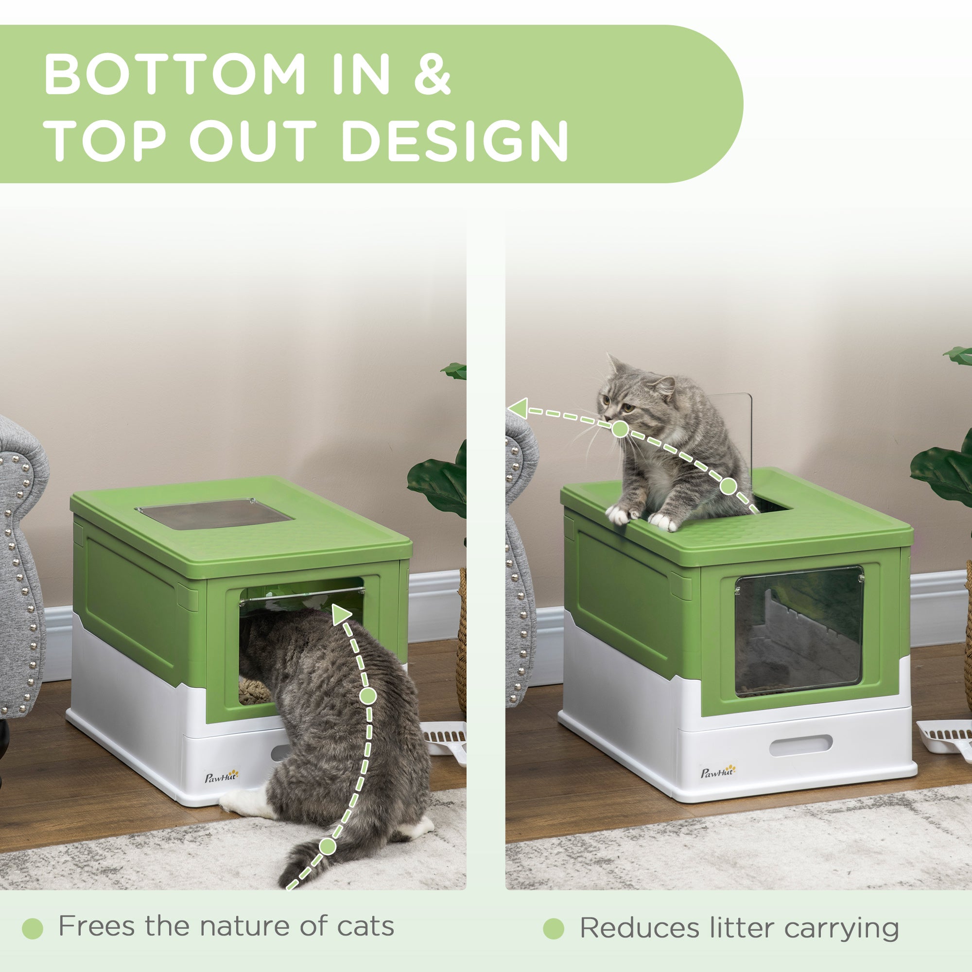 PawHut Cat Litter Box, Top Entry Enclosed Foldable Kitty Litter Box with Scoop, Tray, Portable Kitten Litter Box Enclosure with Front Entry, Large Space, Dark Green