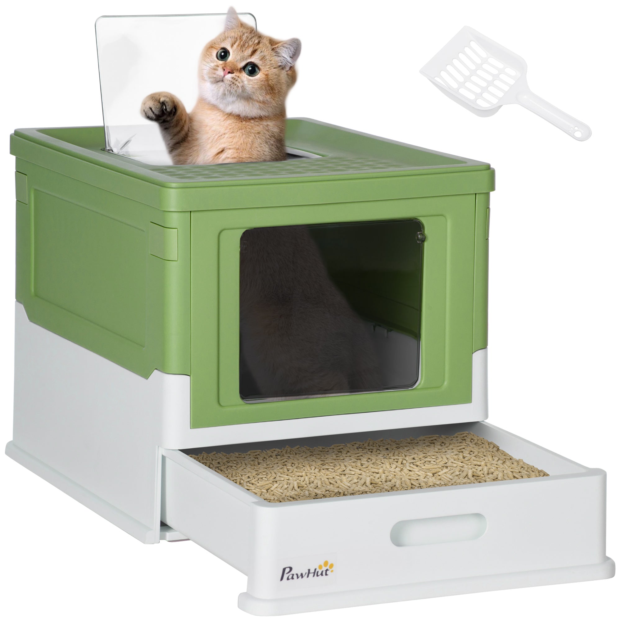 PawHut Cat Litter Box, Top Entry Enclosed Foldable Kitty Litter Box with Scoop, Tray, Portable Kitten Litter Box Enclosure with Front Entry, Large Space, Dark Green