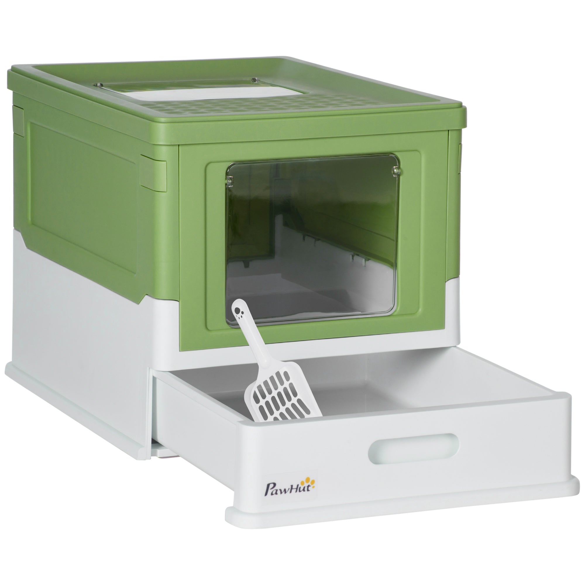 PawHut Cat Litter Box, Top Entry Enclosed Foldable Kitty Litter Box with Scoop, Tray, Portable Kitten Litter Box Enclosure with Front Entry, Large Space, Dark Green