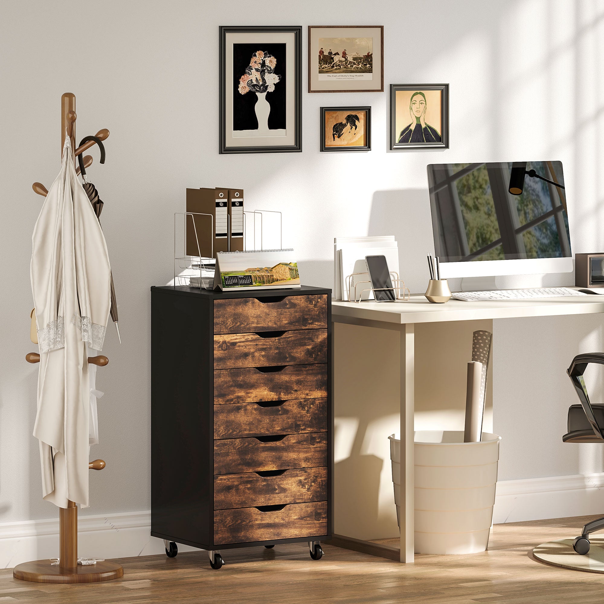 Vinsetto Vertical Filing Cabinet, 7-drawer File Cabinet, Mobile Office Storage Cabinet with Wheels for Home Office, Rustic Brown