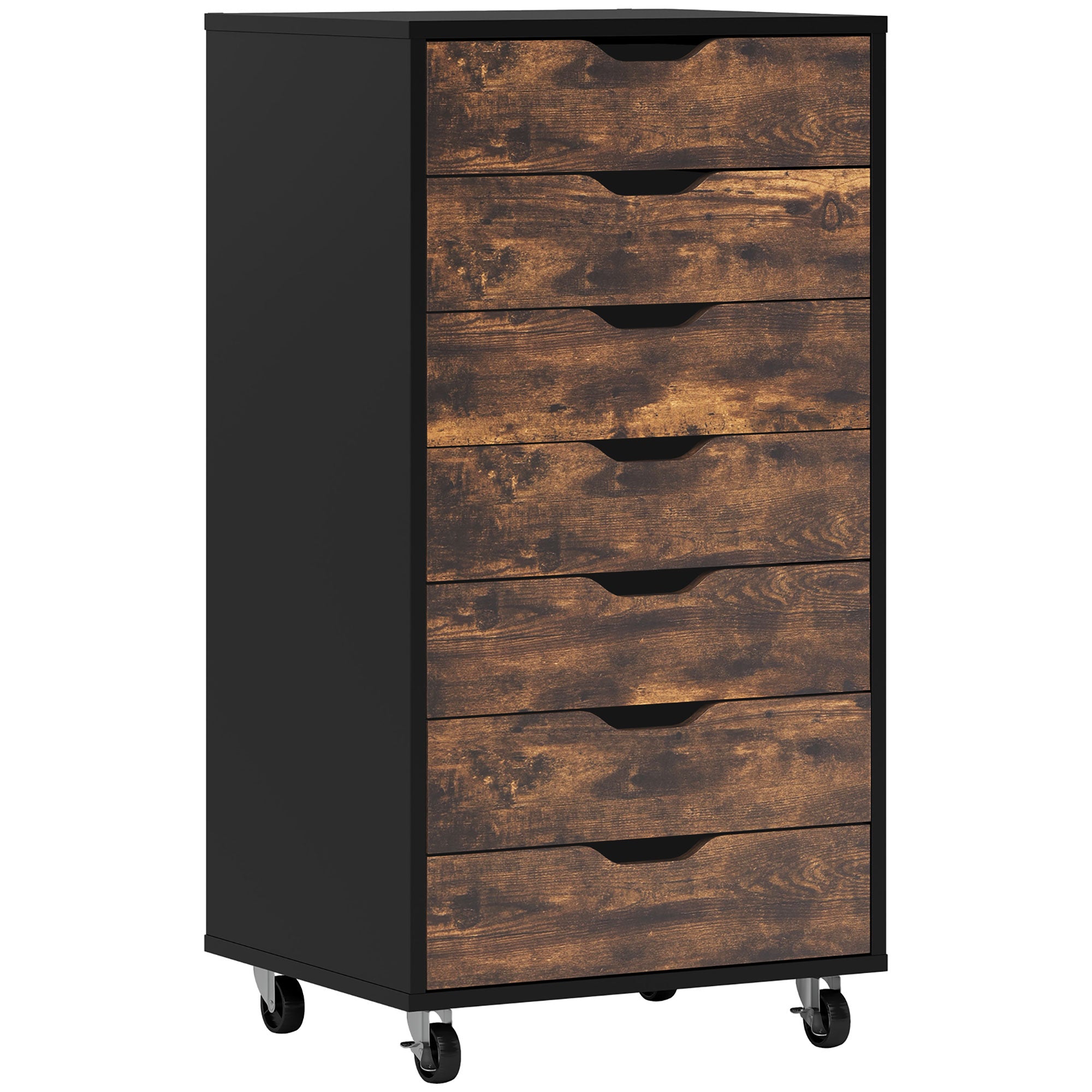 Vinsetto Vertical Filing Cabinet, 7-drawer File Cabinet, Mobile Office Storage Cabinet with Wheels for Home Office, Rustic Brown