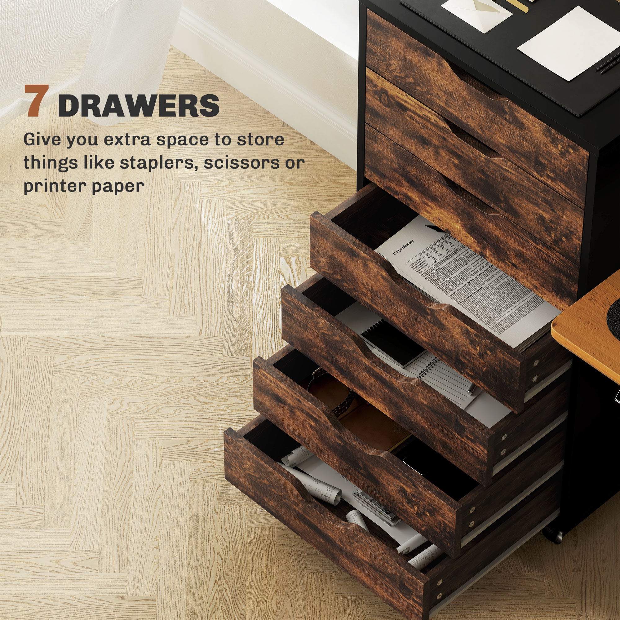 Vinsetto Vertical Filing Cabinet, 7-drawer File Cabinet, Mobile Office Storage Cabinet with Wheels for Home Office, Rustic Brown