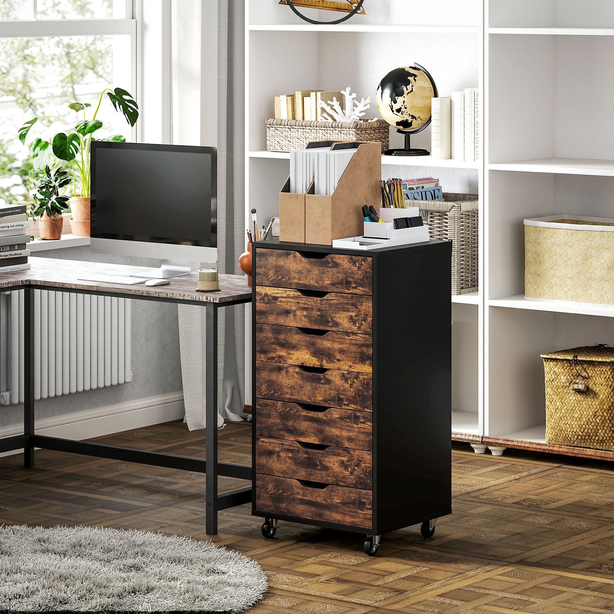 Vinsetto Vertical Filing Cabinet, 7-drawer File Cabinet, Mobile Office Storage Cabinet with Wheels for Home Office, Rustic Brown