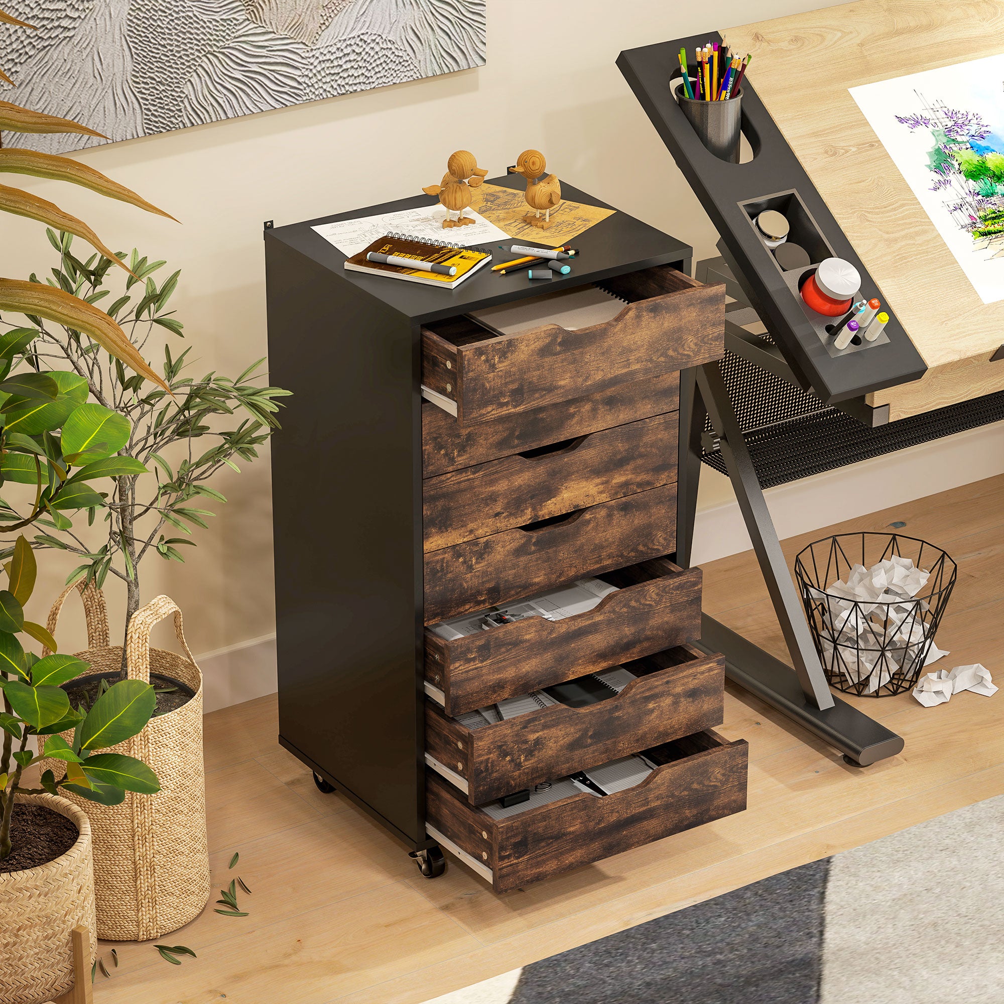 Vinsetto Vertical Filing Cabinet, 7-drawer File Cabinet, Mobile Office Storage Cabinet with Wheels for Home Office, Rustic Brown