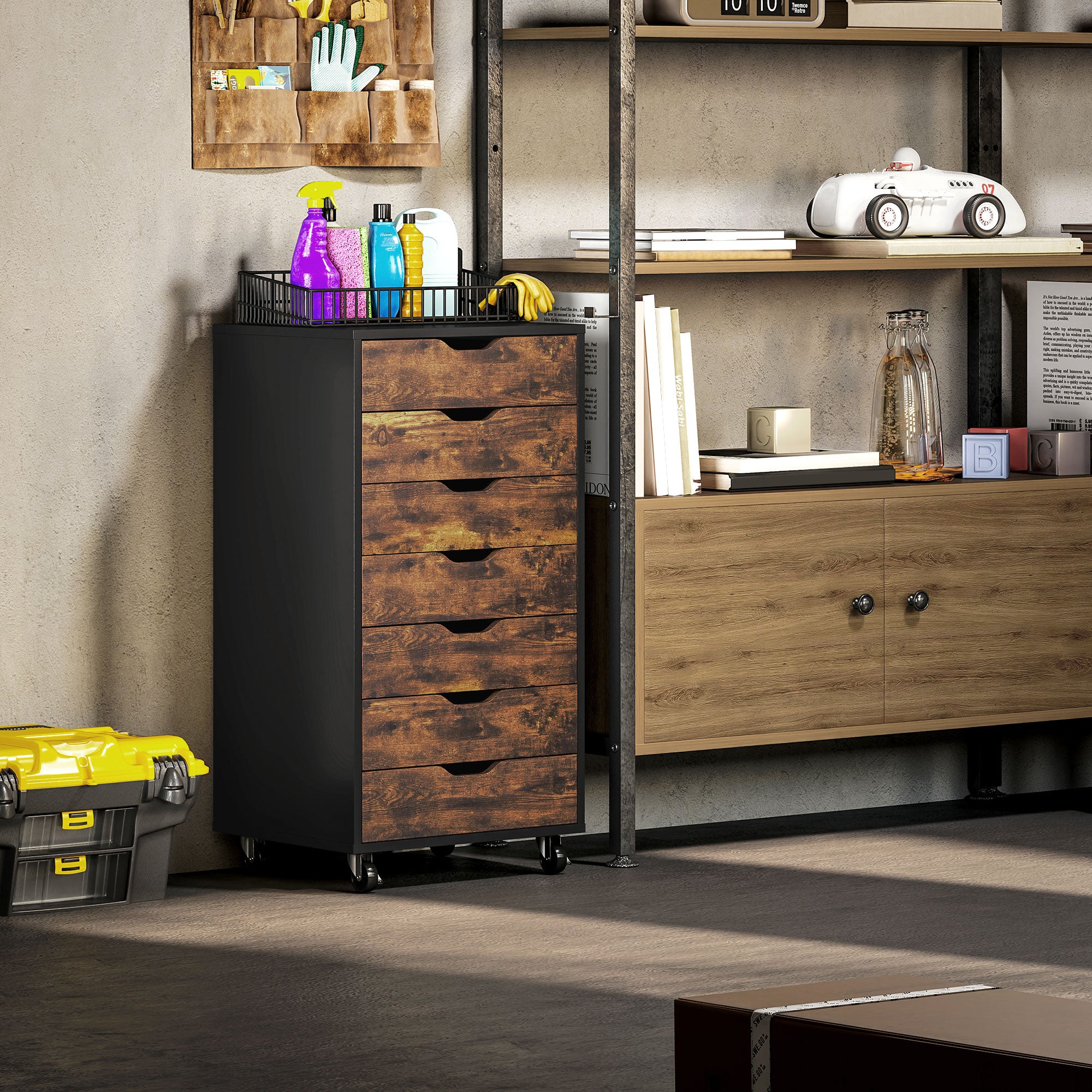 Vinsetto Vertical Filing Cabinet, 7-drawer File Cabinet, Mobile Office Storage Cabinet with Wheels for Home Office, Rustic Brown