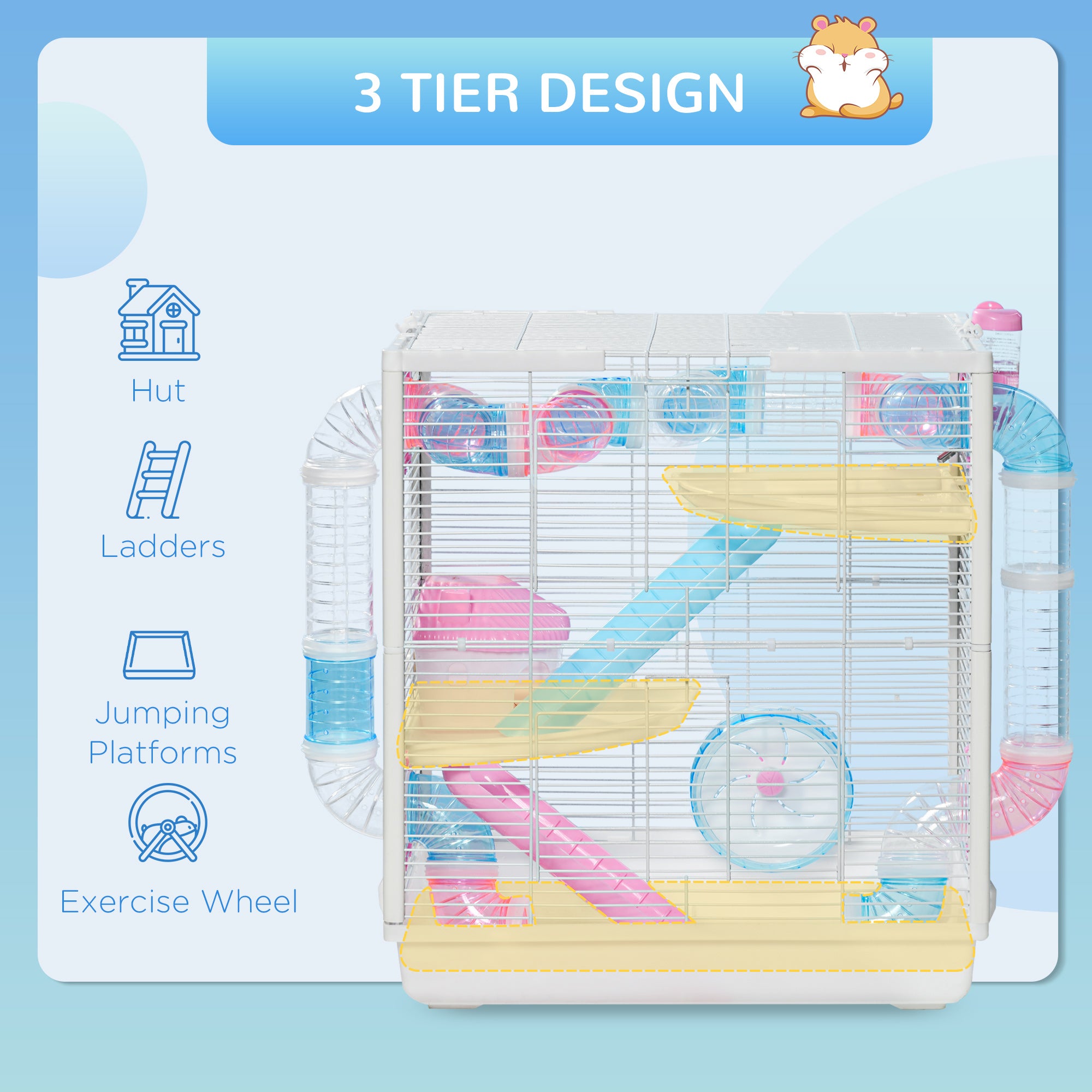 PawHut Hamster Cage, Gerbil Cage w/ Tunnel Tubes, Detachable Bottom, Ramps, Jumping Platforms, Hut, Exercise Wheel, Water Bottle, Food Bowl, for Small Rodents, 47 x 29.5 x 53cm