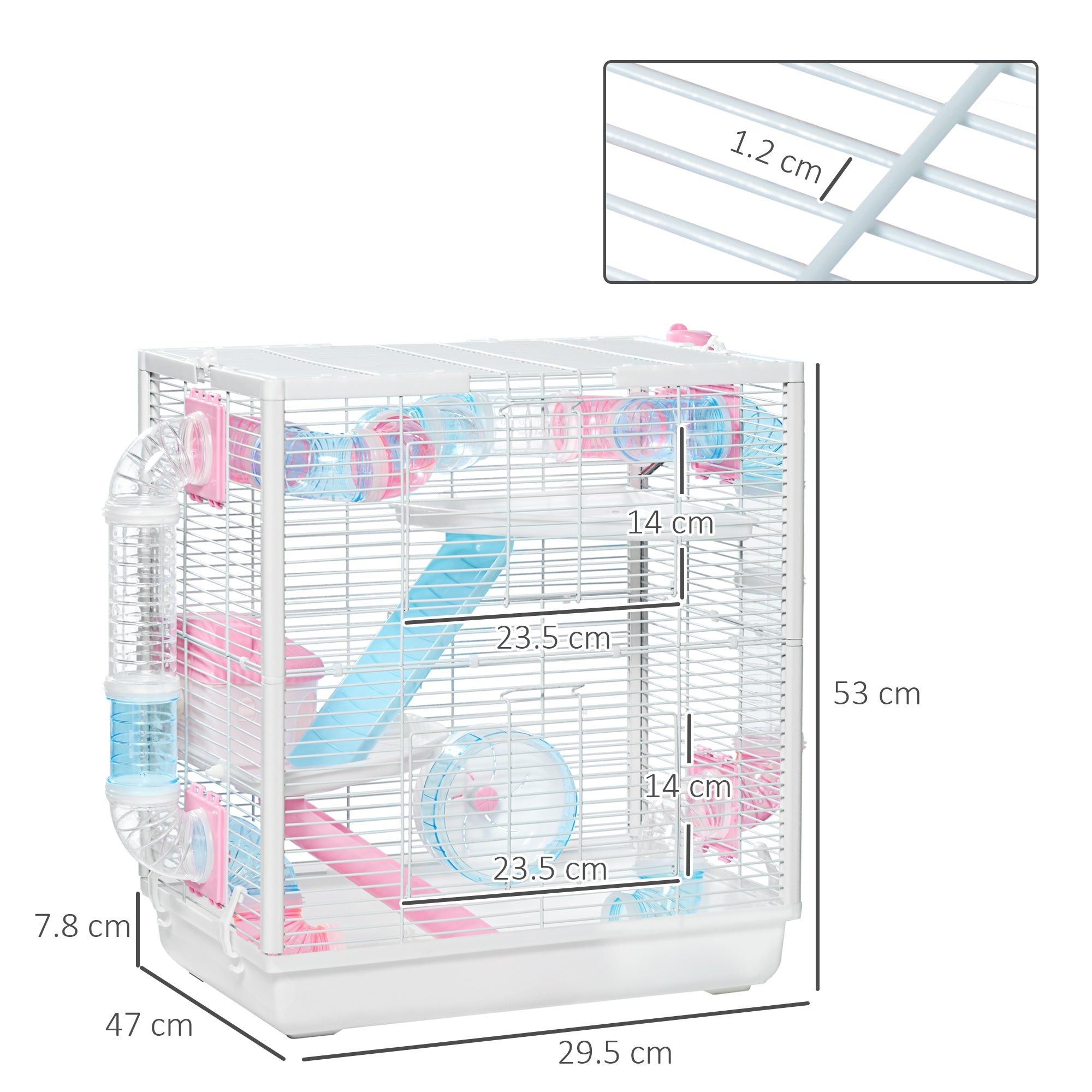 PawHut Hamster Cage, Gerbil Cage w/ Tunnel Tubes, Detachable Bottom, Ramps, Jumping Platforms, Hut, Exercise Wheel, Water Bottle, Food Bowl, for Small Rodents, 47 x 29.5 x 53cm